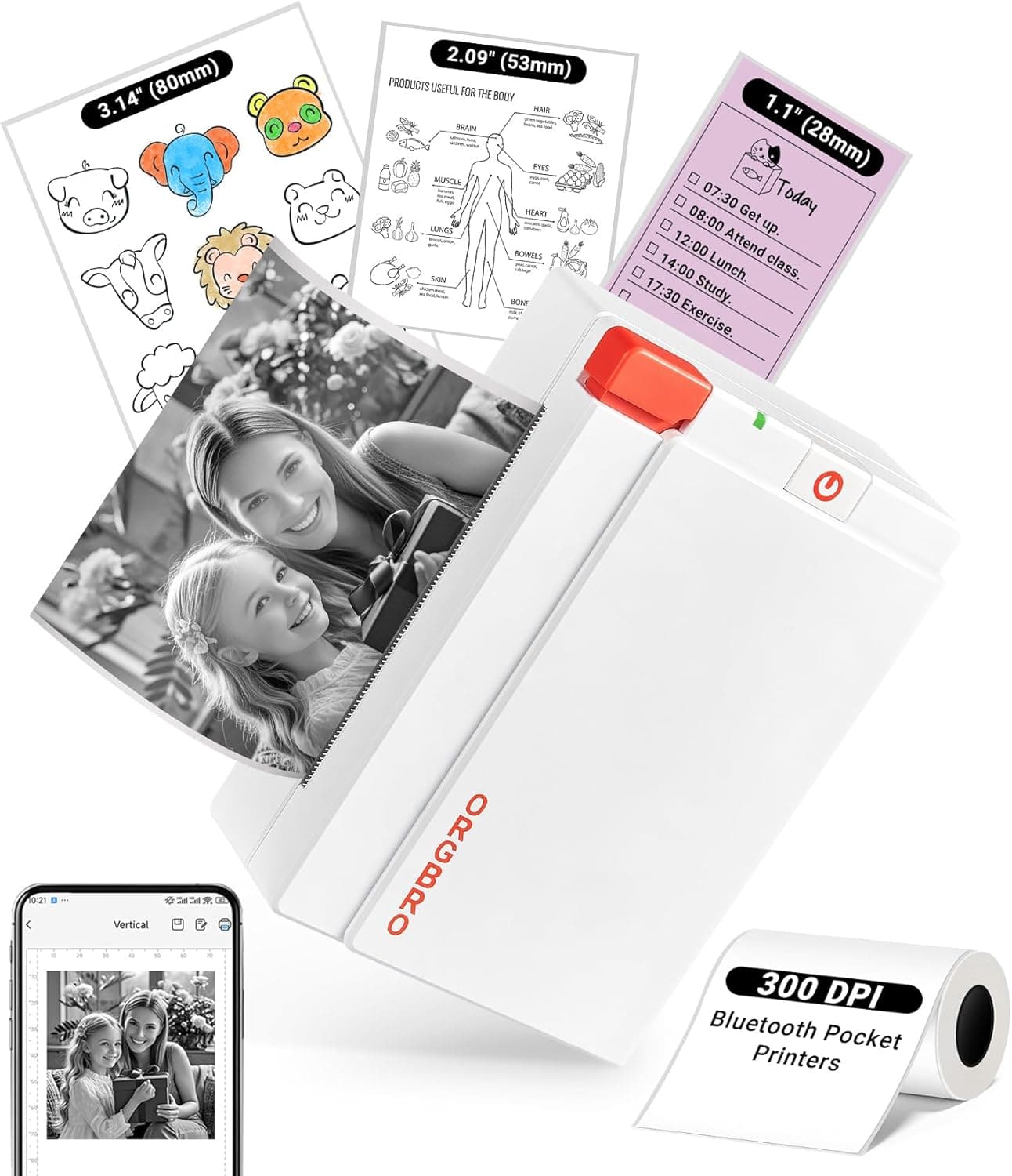 ORGBRO Sticker Printer Machine, X3 Mini Printer Print Pods Portable Thermal Inkless Sticker Maker, 2-3 Inch 300 DPI Bluetooth Pocket Printers for Smartphones, Notes, Journal, Photos, DIY, Kids Gift