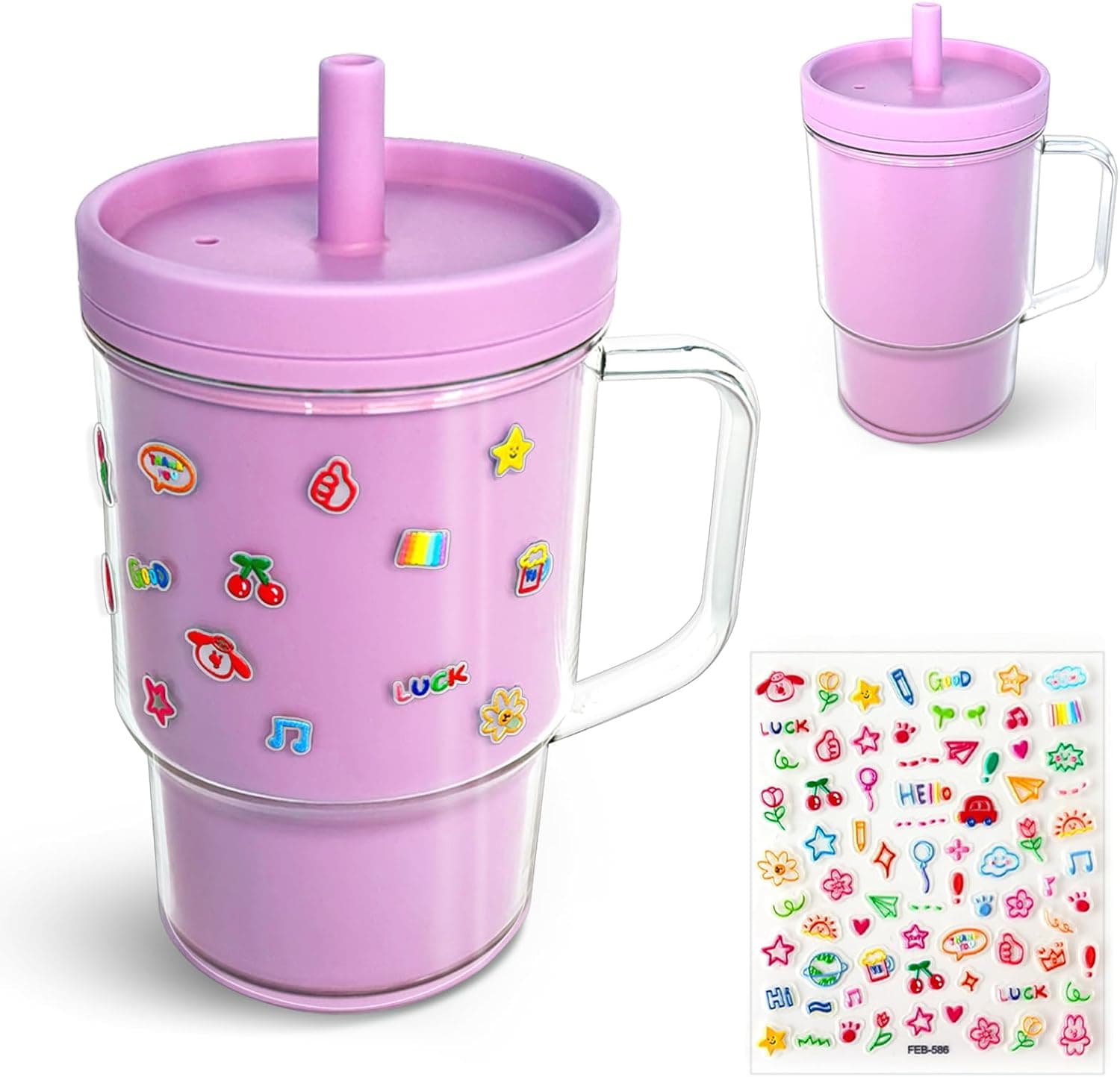Baby Straw Cups for Toddlers 1-3 with Silicone Straw and Handle, 8oz Spill Proof and Heat Proof,BPA Free Dishwasher Safe Mini Stanley Style Cup with Cartoon Stickers for Kids (Purple)