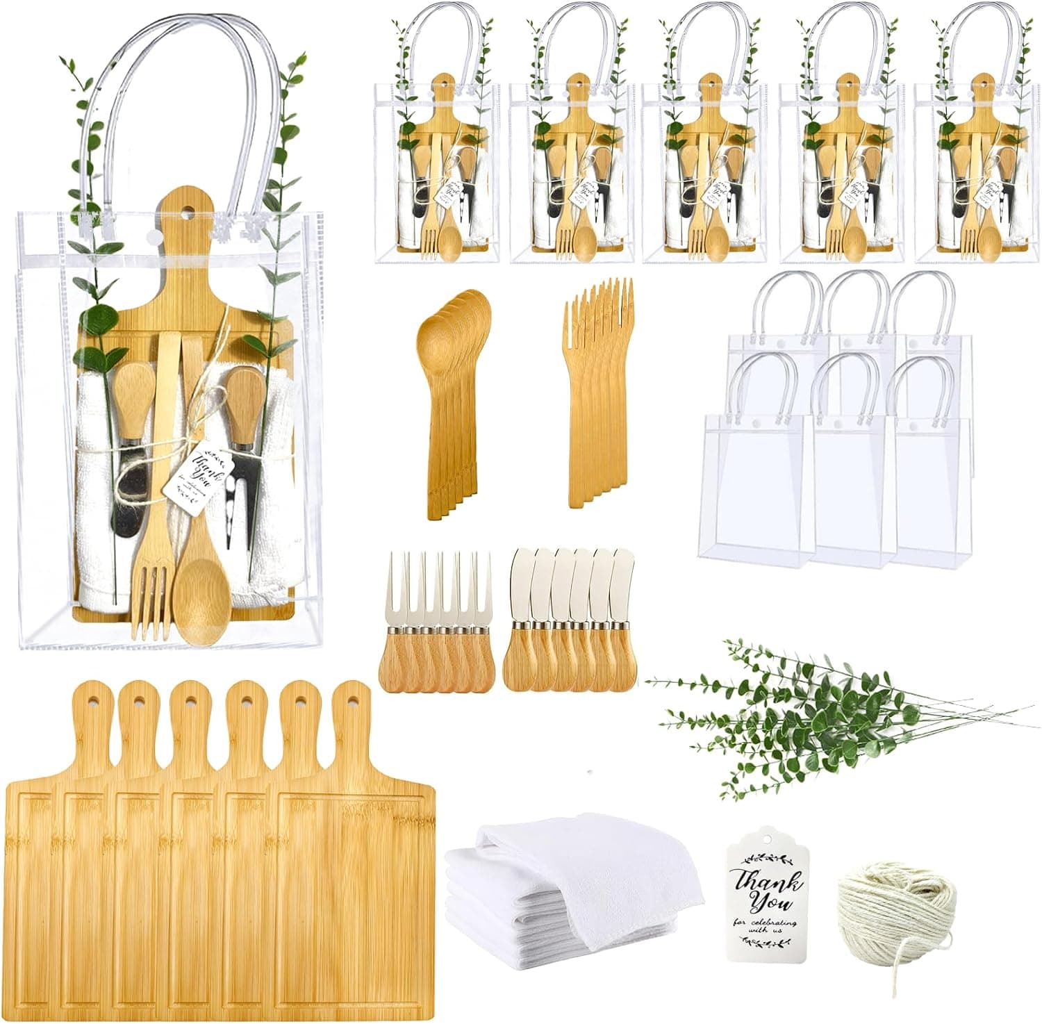 61PCS Baby Shower Prizes for Game Winners, 6 Sets Bamboo Cheese Board with Spoon, Knives & Fork, Towel, Thank You Card & Gift Bags -Wedding Bridal Shower Favors, Serving Board Party Gifts