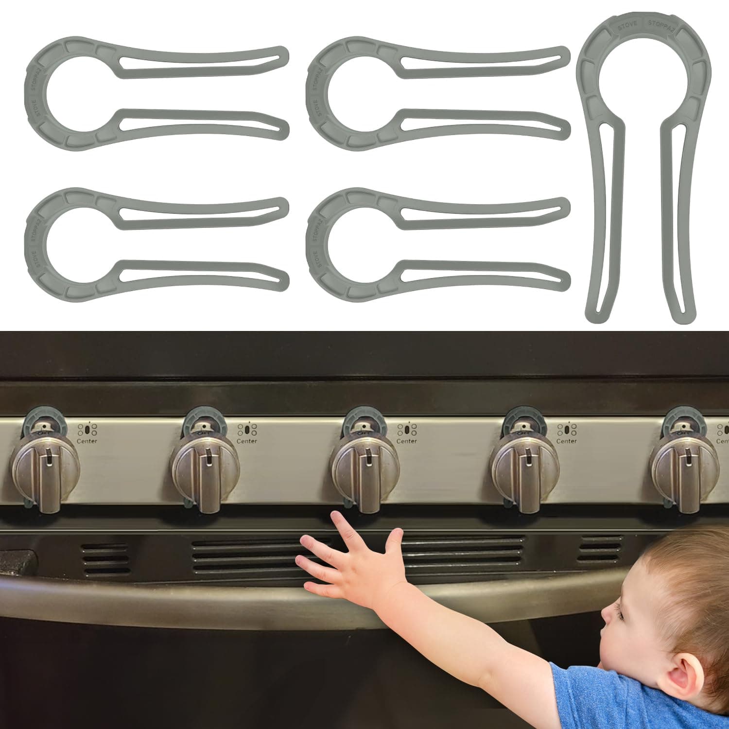 Stove Knob Lock for Child Safety and Proofing (5 Pack), Oven Knob Safety Covers for Kids and Pets(Grey) - image 1