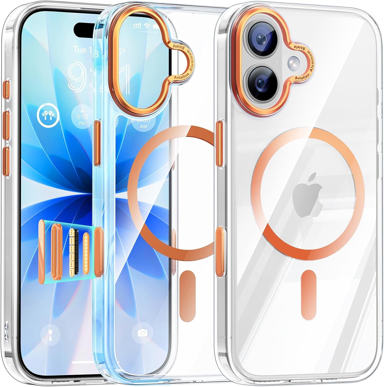 Maledan for iPhone 17 Case Clear Orange - Aluminum Camera Frame Magnetic 17 Phone Case Fit for Mag Safe, Camera Control, Slim Transparent Shockproof Bumper Cover for Apple iPhone 17 Cases Accessories