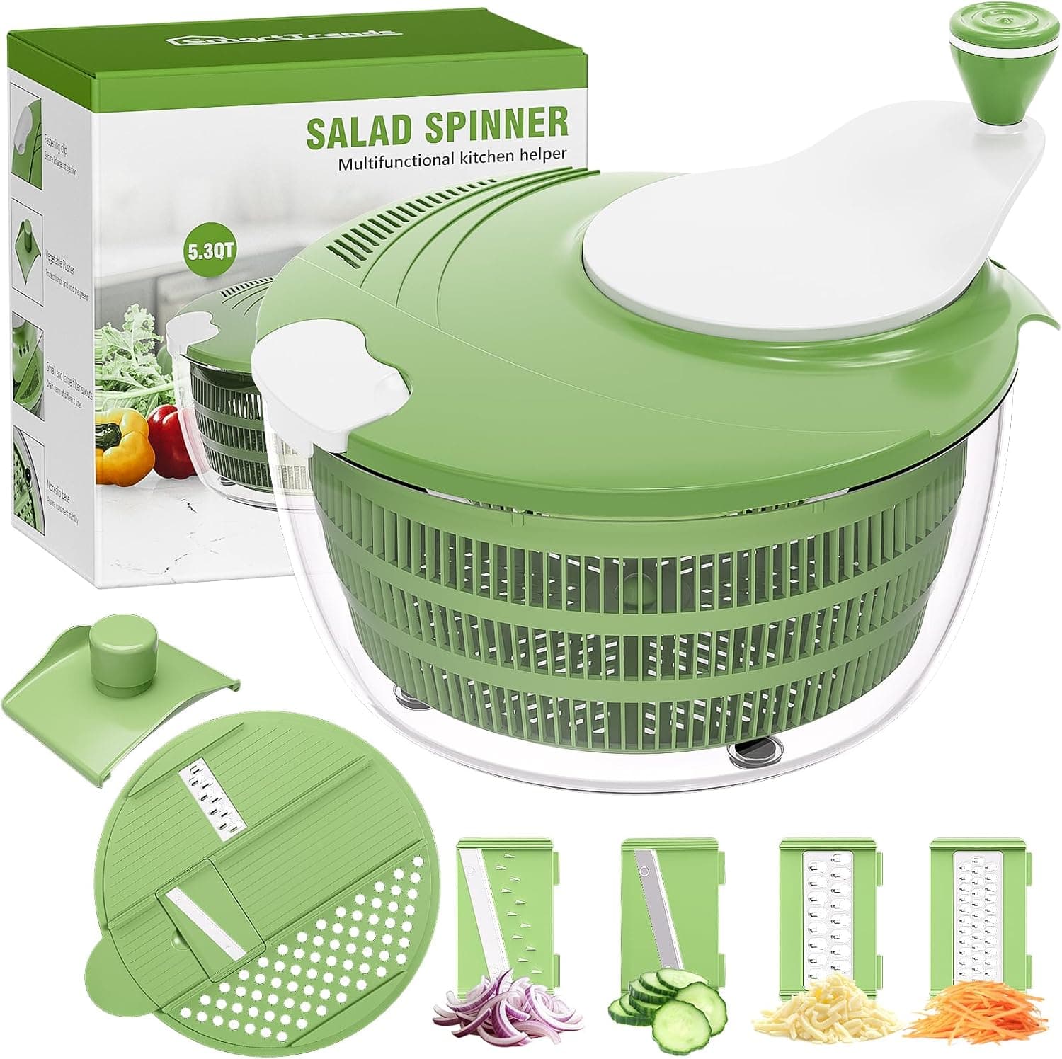 Salad Spinner, 5.3 QT Lettuce Spinner with Strainer, Fruit Cleaner with 4 Replaceable Blade for Shredding, Slicing and Pureeing, Salad Washer & Dryer for Quick Washing (Green) - image 1