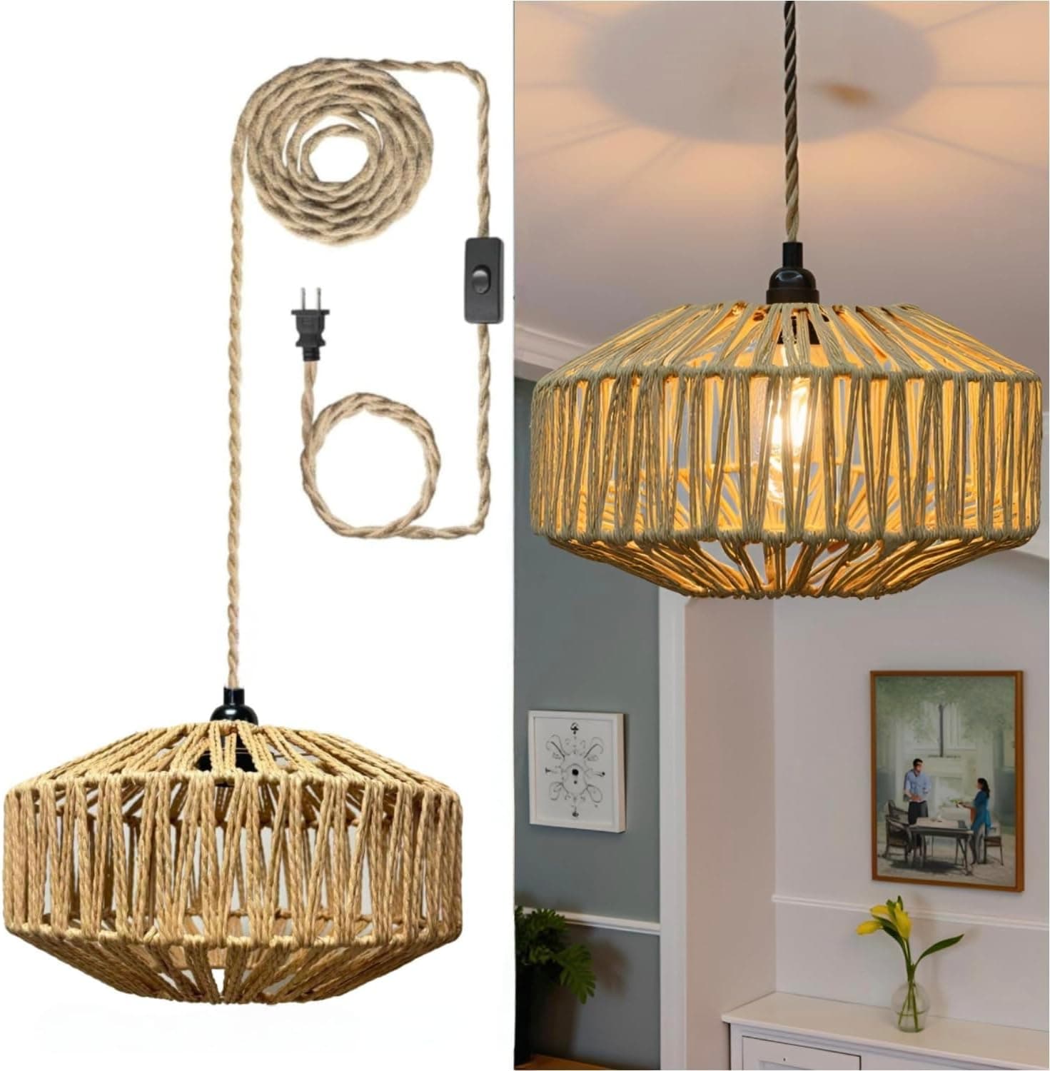 Plug in Hanging Lamp,Rattan Hanging Pendant Light with Plug in Cord, Boho Pendant Ceilling Light Fixture with Woven Lamp Shade for Living Room Bedroom Kitchen - image 1