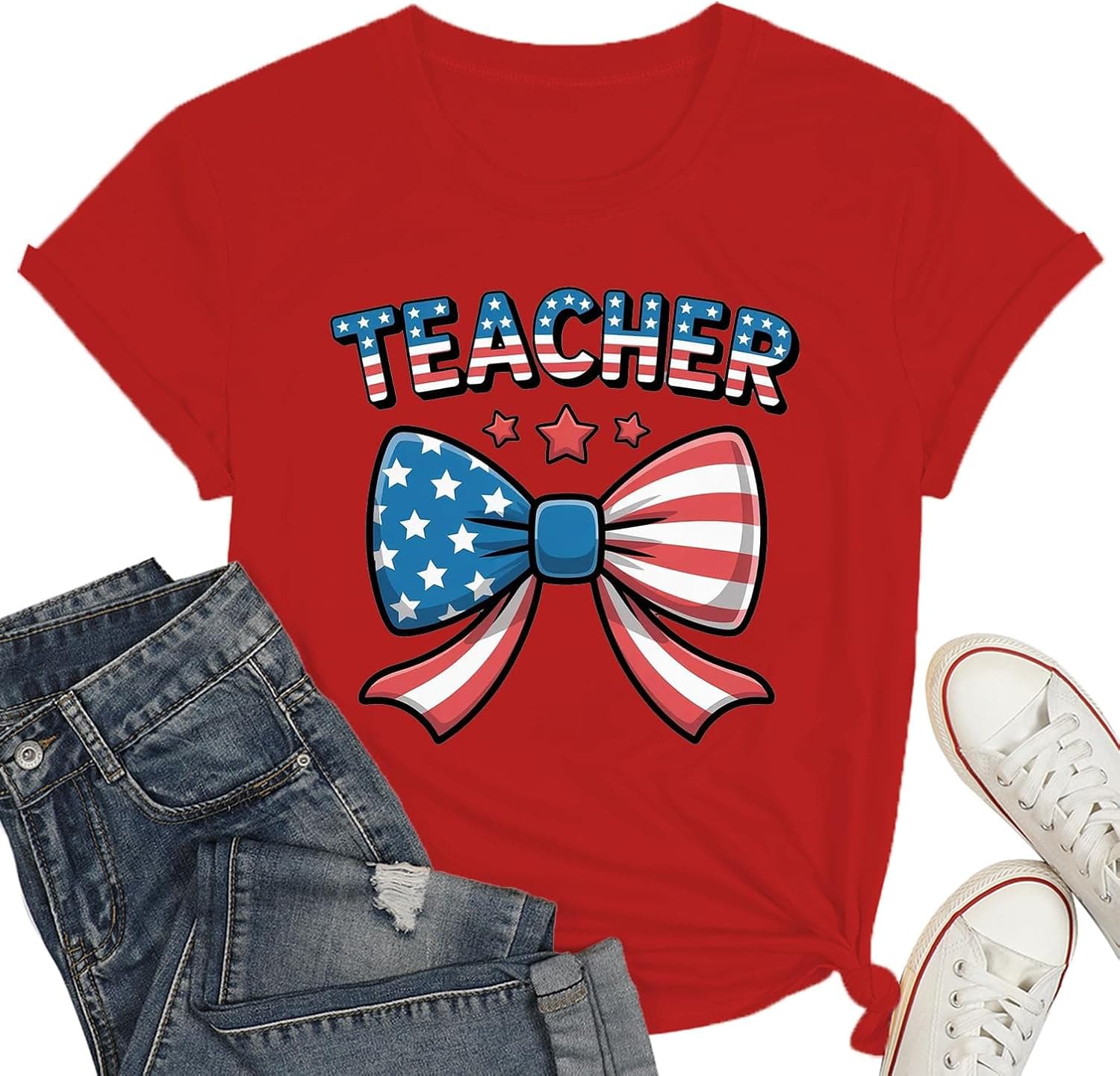 4th of July Teacher Bow Shirt for Women-Cute USA Teacher Short Sleeve Patriotic Cartoon Bow Tee Tops