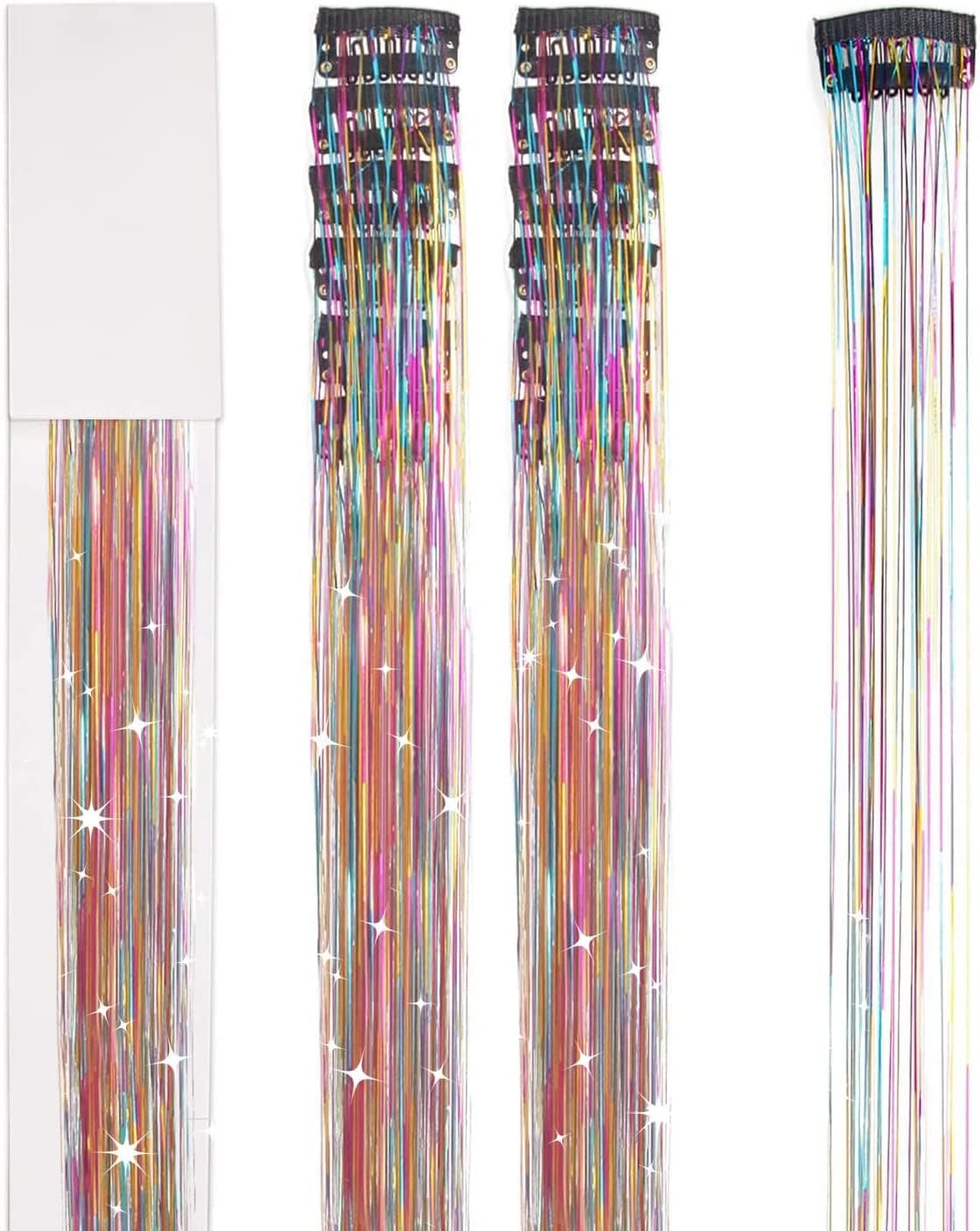 Hair Tinsel 12Pcs Clip in Hair Tinsel Extensions 20.5 Inch Fairy Hair Tinsel Kit for Girls Women Kids Glitter Hair Accessories for Christmas Halloween Cosplay Party (Tricolor 1)