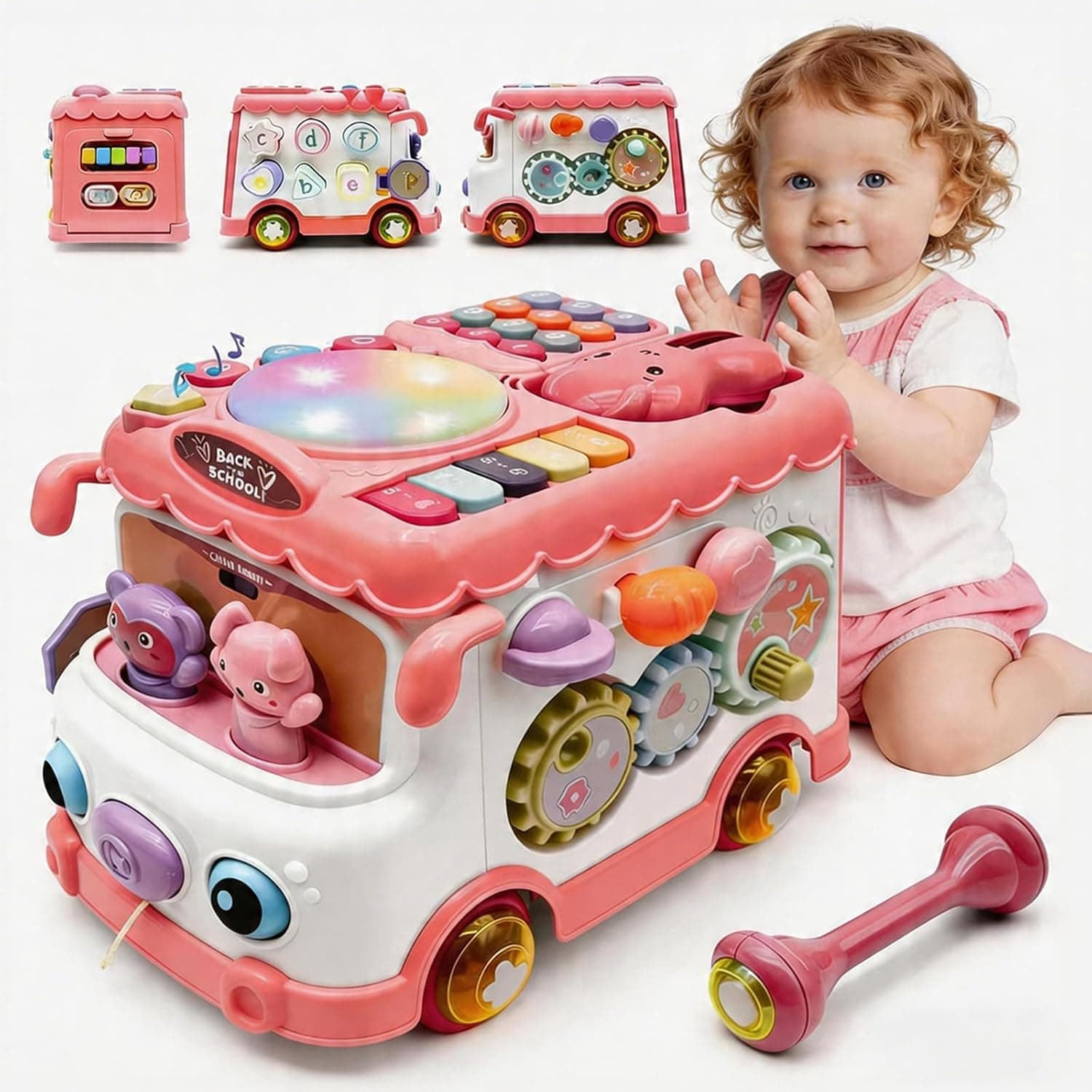 Baby Bus Toy for 1 Year Old Girl Gifts, Montessori Musical Bus Toy for Baby 12-18 Months, Baby Piano Drums for Toddlers 1-3, Shape Sort Toys 1st Birthday Gifts for Girls - image 1