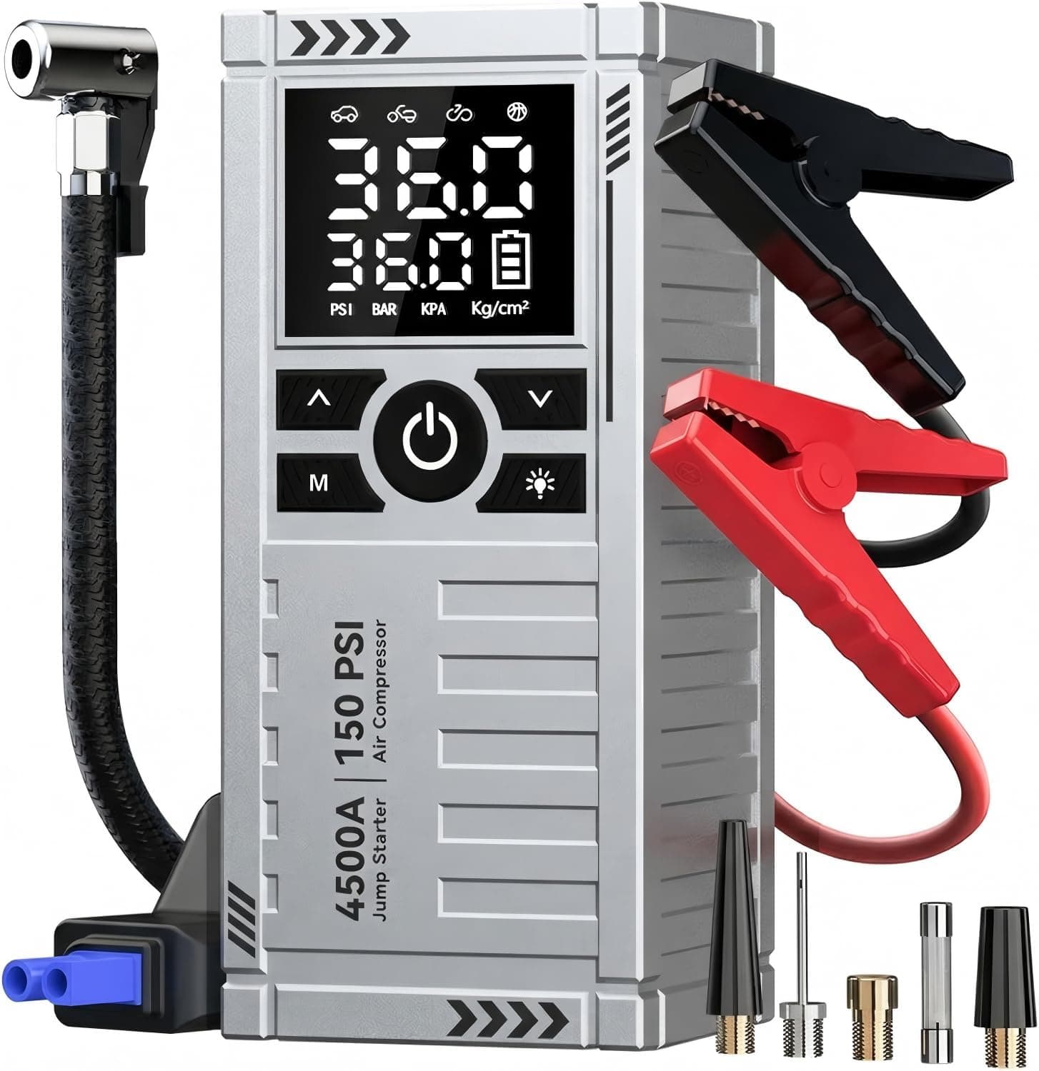 Car Battery Jump Starter with Air Compressor - 4500A Battery Jumper Starter Portable (9.0 Gas/8.0L Diesel) with 150PSI Tire Inflator, 12V Car Jump Box with Jumper Cables, LED Light, LCD Display