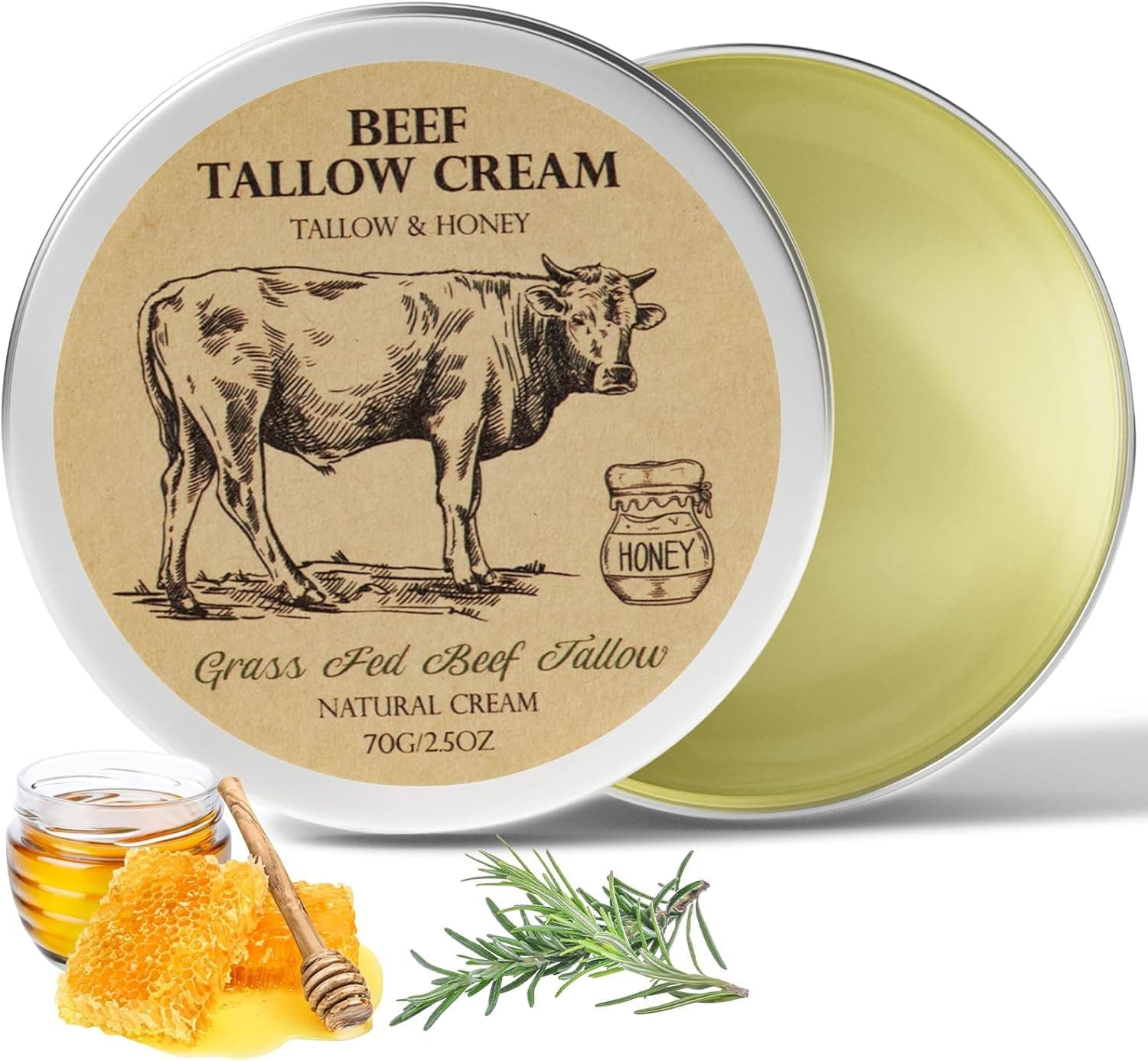 Beef Tallow for Skin, Tallow and Honey Cream,Tallow Face Moisturizer, Natural Grass-Fed Beef Tallow Balm with Raw Honey Moisturizing Cream for Body Lotion Skin Care for Skin (2.47 Oz)