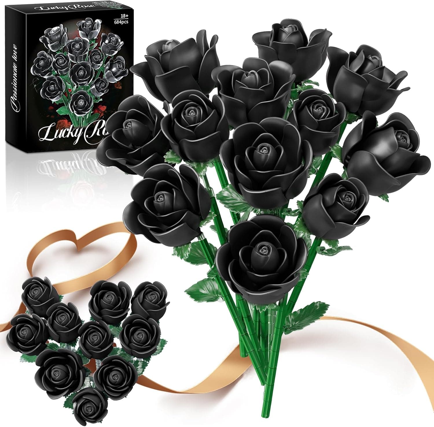 Black Rose Bouquet Building Set, 12 Pack Roses Flowers Artificial Flowers Botanical Collection Blocks for Adults Women, for Mother's Day, Valentine's Day & Gothic Home Decor - image 1