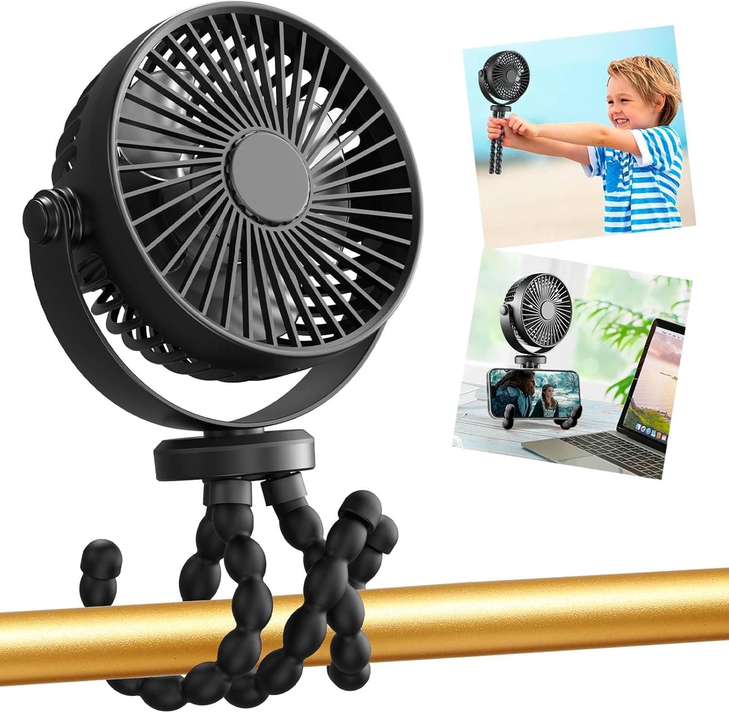 Mini Portable Stroller Fan, 3000mAh Battery Operated Personal Small Handheld Fan with Flexible Tripod, 360 Rotate 3 Speed Rechargeable Clip on for Car Seat Crib Treadmill Travel Camping