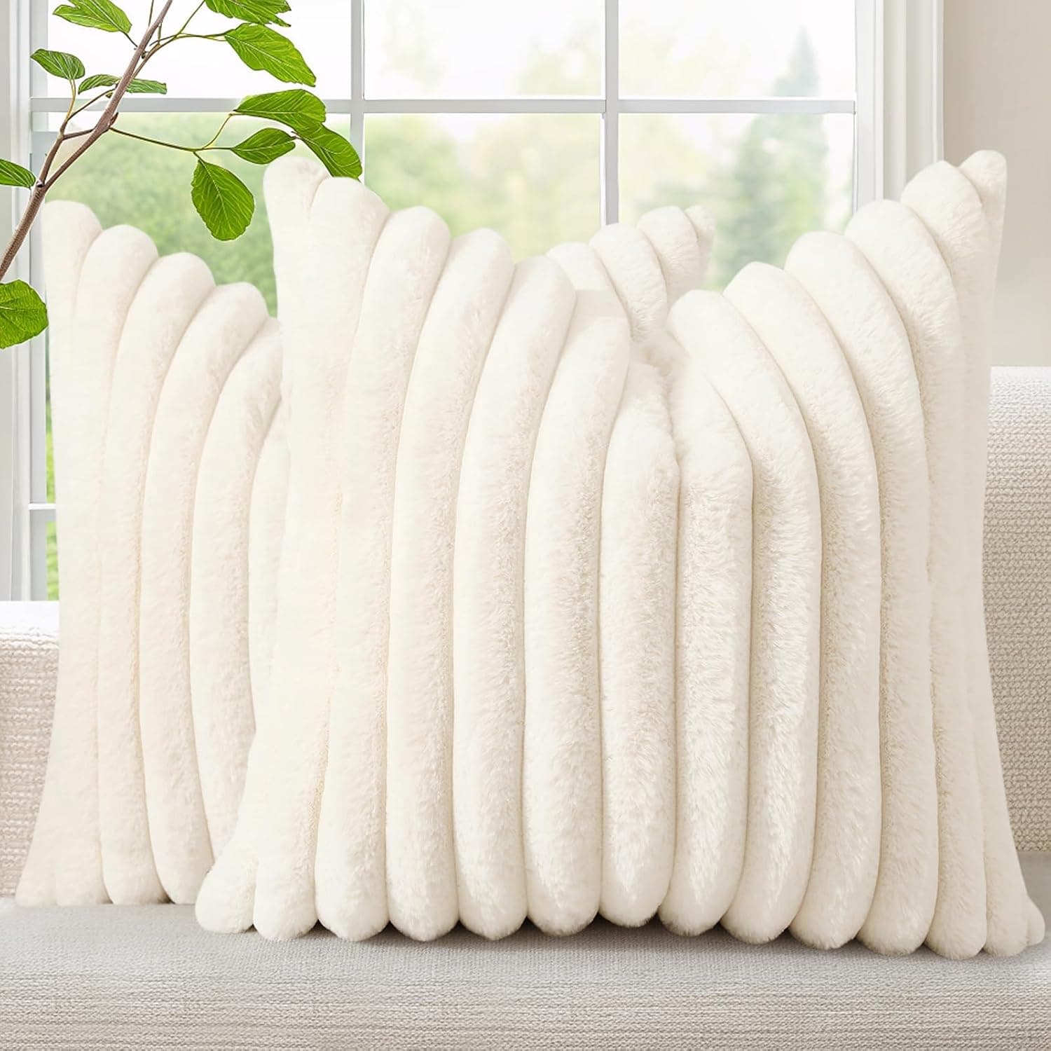 Fall Cozy Faux Fur Throw Pillow Covers 18x18 Set of 2 | Modern Farmhouse Boho Couch Pillow Cases with Velvet Back - image 1