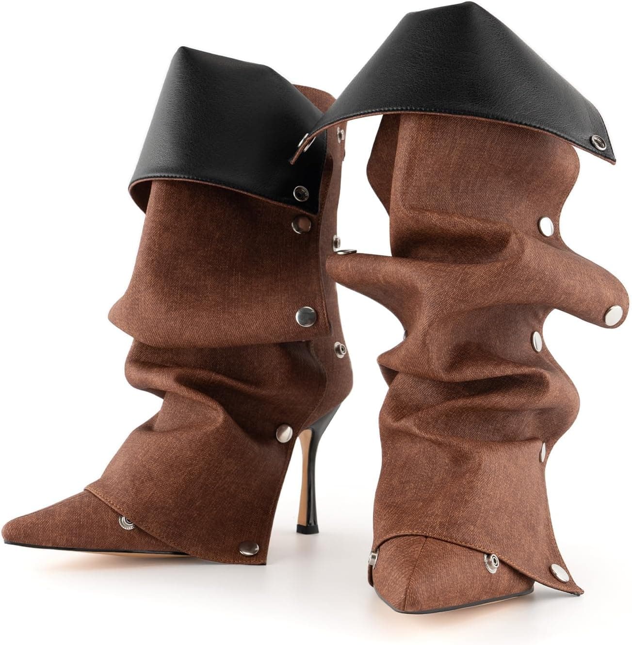 KaroNairy 3.5 in Slouchy Stiletto High Heel Booties for Women Pointed Toe Fold over Ankle Boots Sexy Shark Booties for Party
