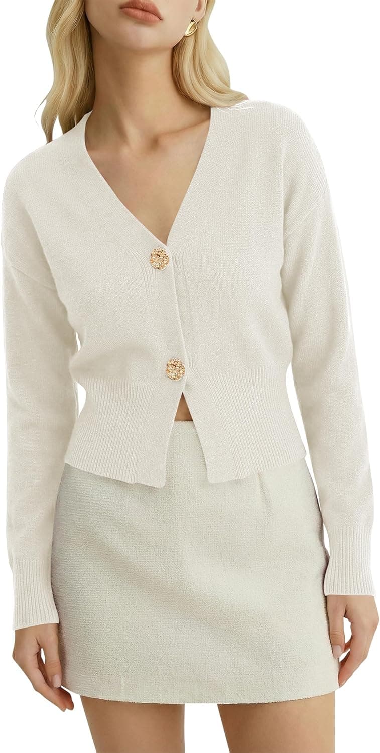 Women’s Spring V Neck Cardigan Lightweight Cropped Button Down Knit Sweater for Layering,Office Casual Wear