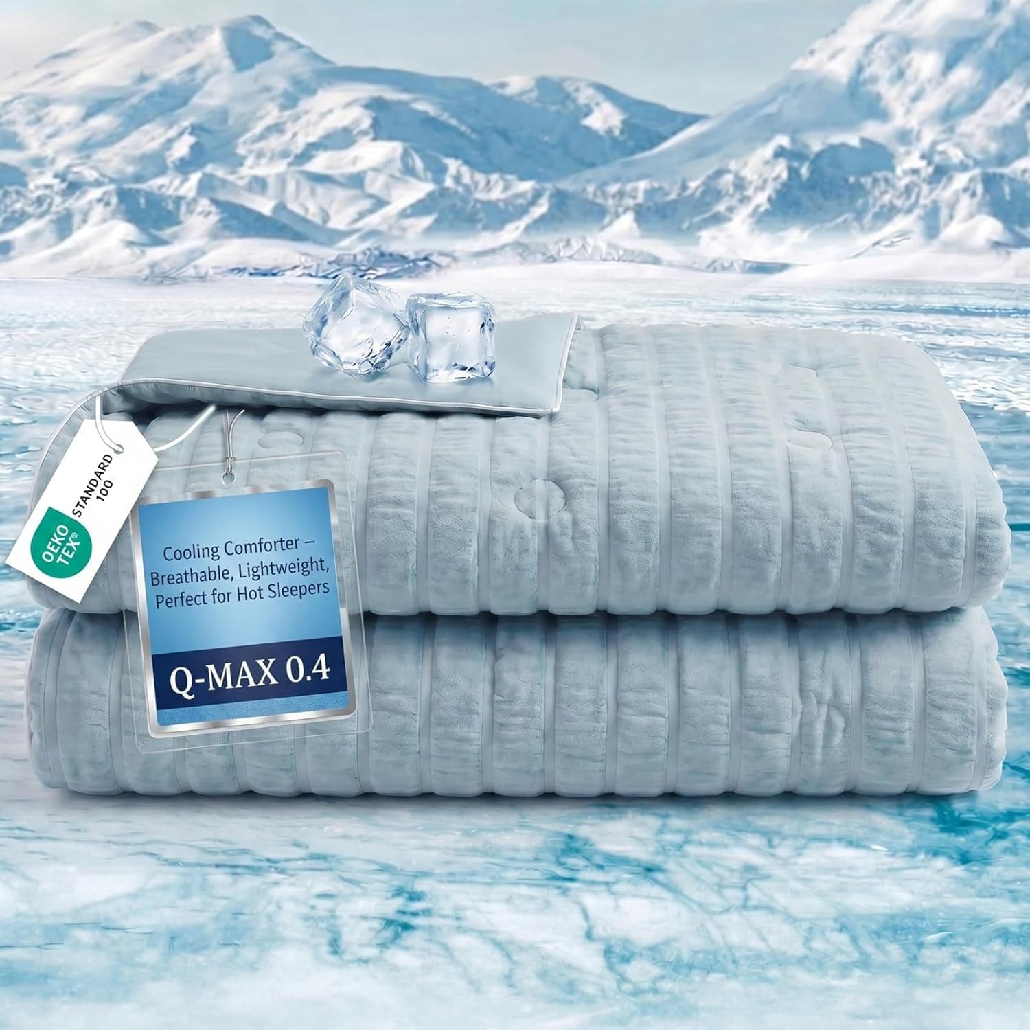 Cooling Comforter, Dual-Sided Seersucker & Q-Max>0.4 Cooling Blanket, Breathable Fabric for Hot Sleepers Night Sweats Menopause & Sensitive Skin, All Season Pet Friendly, Blue, Twin 60"x80"