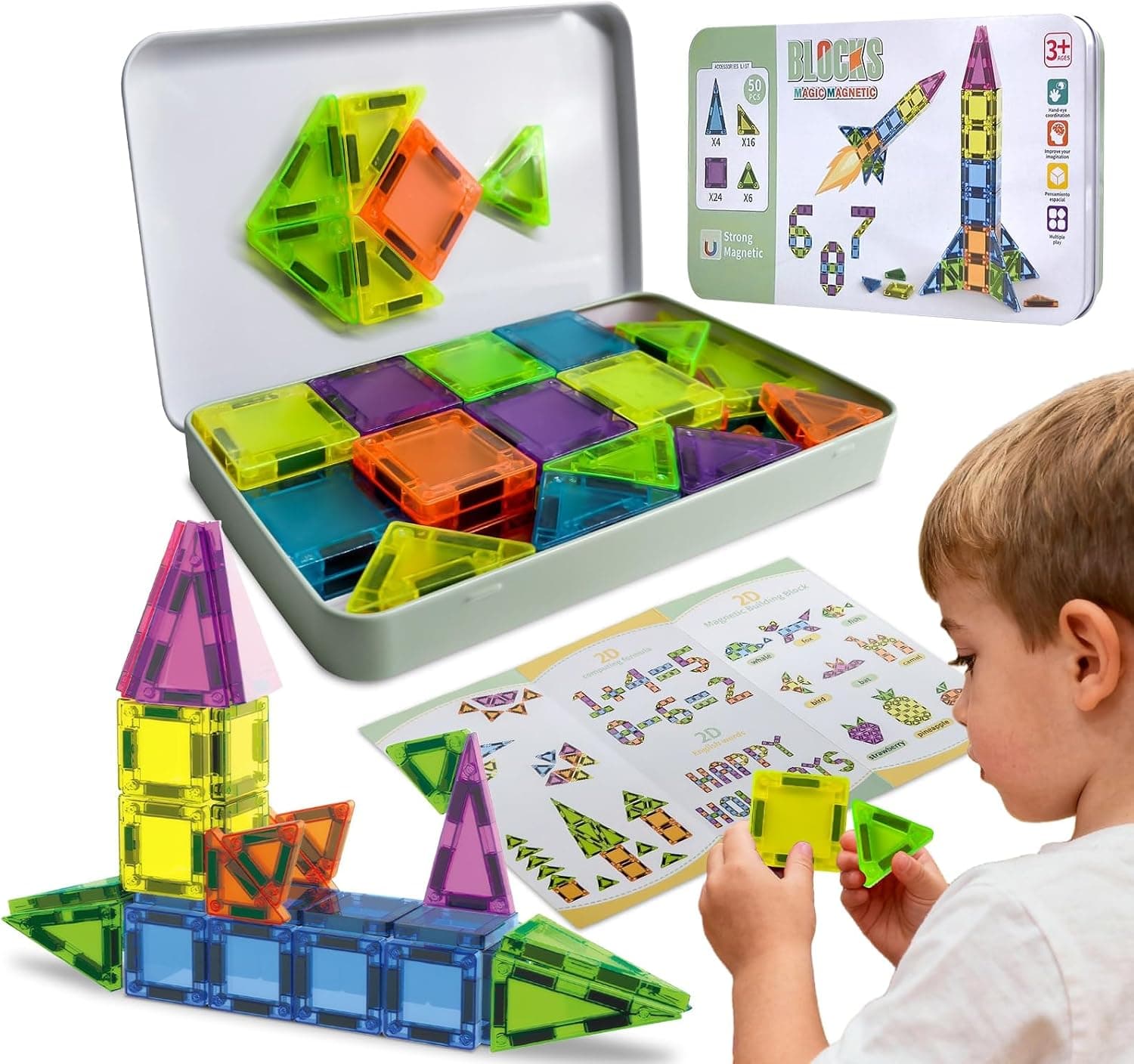 OCES 50PCS Mini Magnetic Tiles, Building Blocks Travel Set Magnetic Toys for Kids Ages 4-8 with Iron Case, Montessori Educational Toddler Puzzle Creativity Birthday Gift for Boys & Girls - image 1