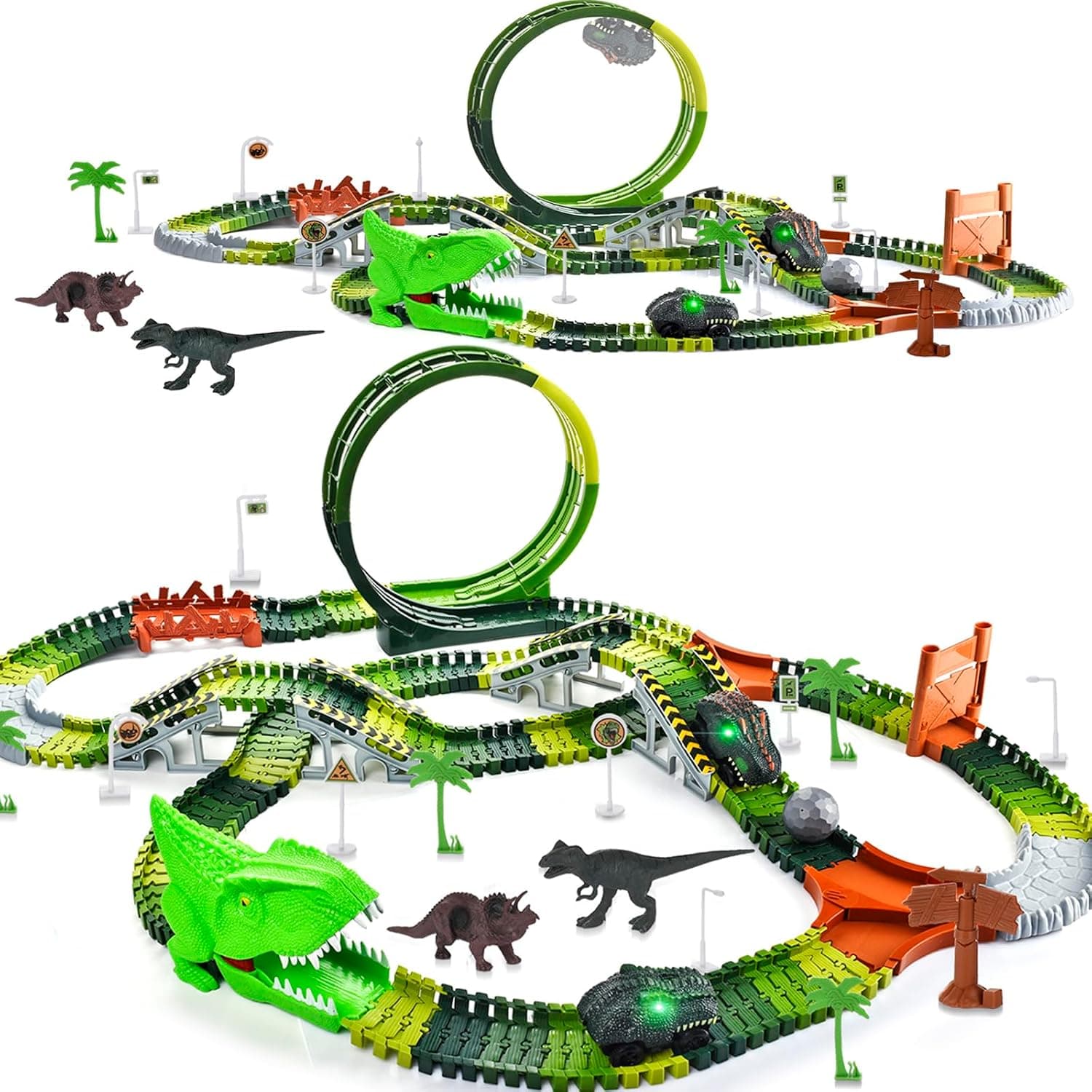 Dinosaur Toys for Kids 3-5, 286 Pcs Create A Dinosaur Toys Race Car for Toddlers, Flexible Track Playset with 2 Dinosaur Cars, Dinosaur Party Favors for 3 4 5 6 Year Old Boys Birthday Gift - image 1