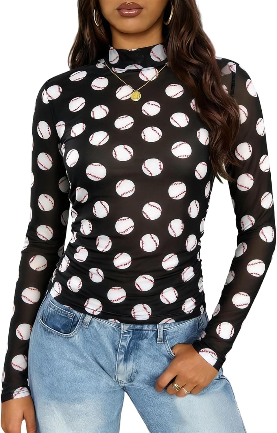 Women's Football Mesh Tops Long Sleeve Sheer Football Shirts Game Day Shirt Sheer See Through Top Blouse - image 1
