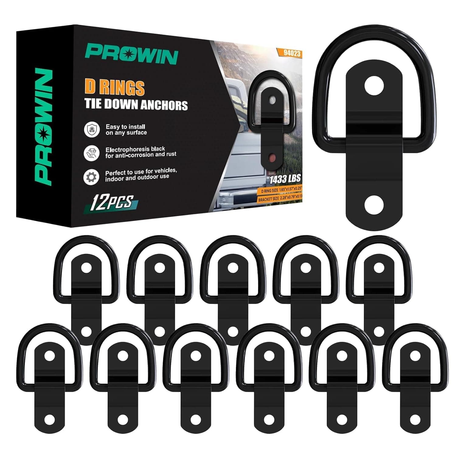 PROWIN 12PCS D-Ring Tie Down Anchors, 1433 lbs Breaking Strength, Black Electrophoresis Steel Heavy Duty 1/4" Lashing Rings for Trailer, Truck Bed, SUV, Van, Camper