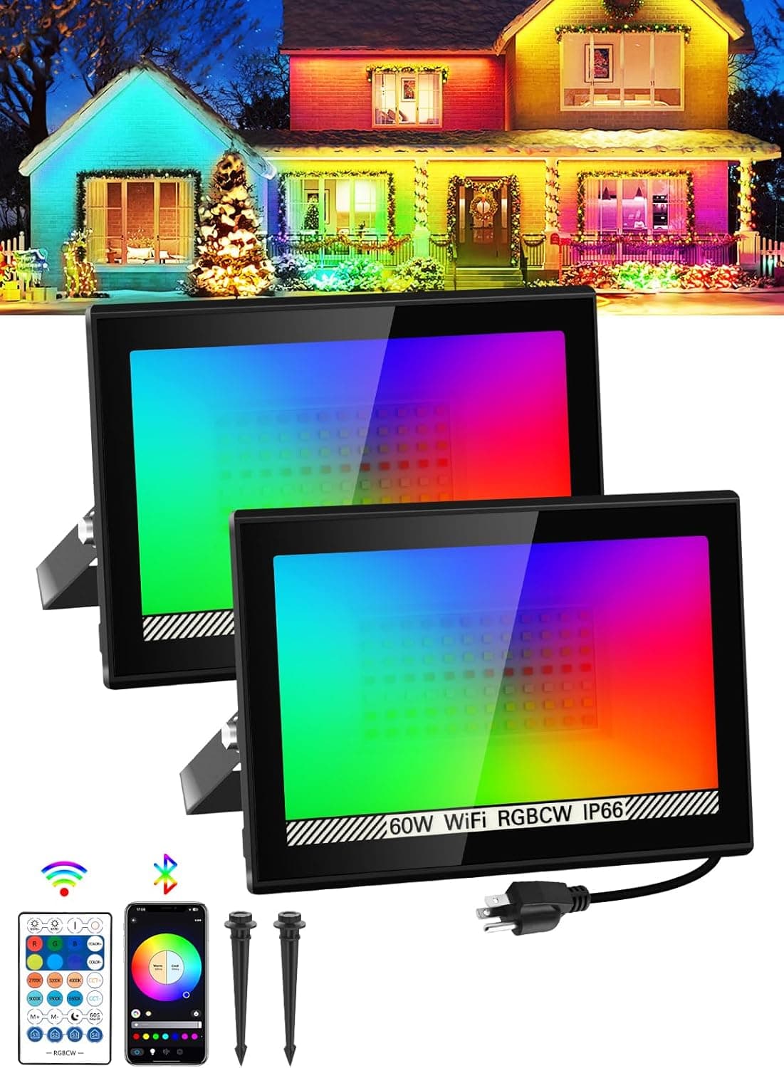 T-SUN RGB Flood Lights Outdoor, 600W Equivalent Color Changing Landscape LED Light with APP Control, Waterproof Floodlight with 16 Million Colors, Timing, Music Sync (RGB-APP Control, 60W-2Pack) - image 1