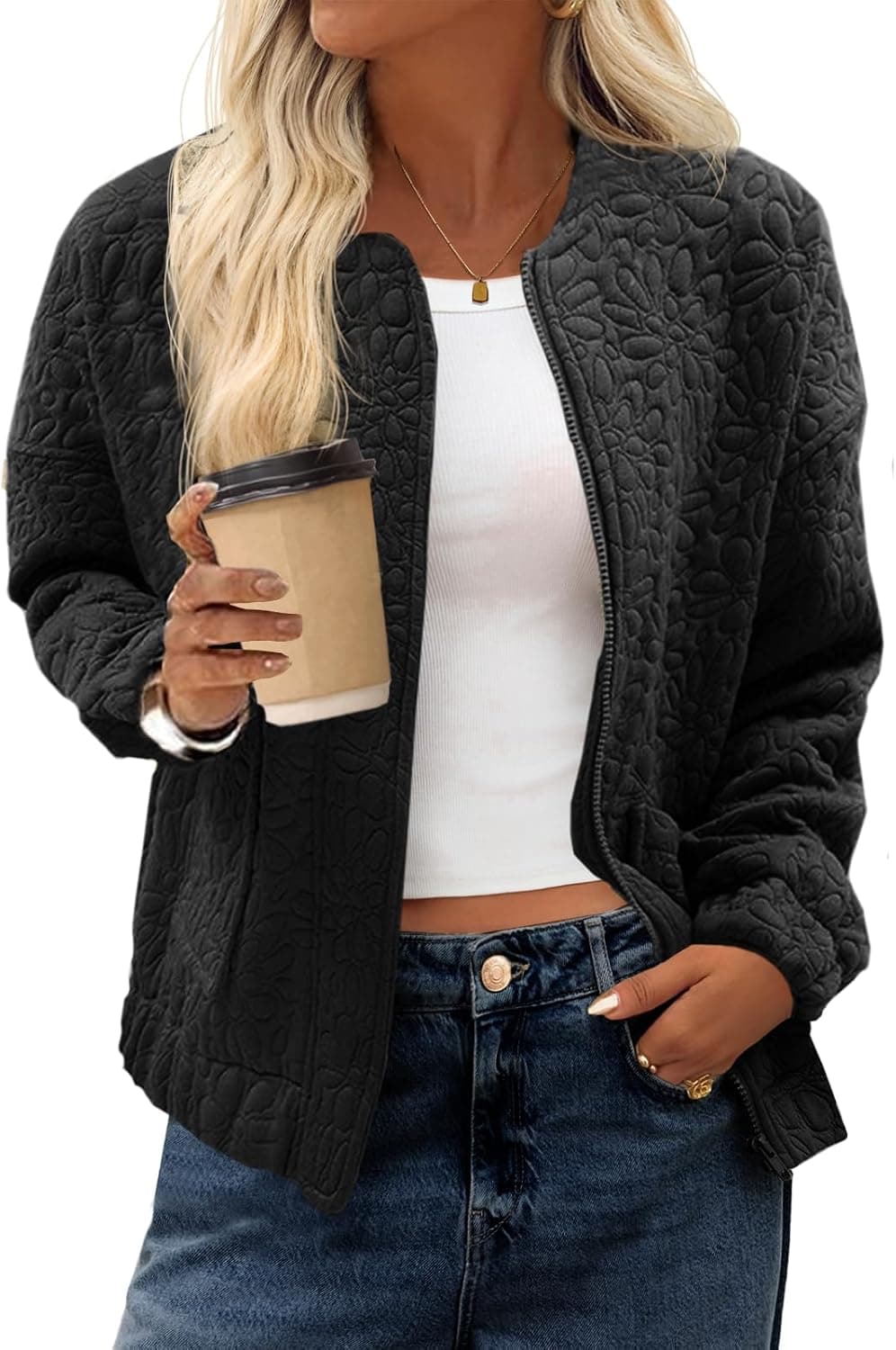 Tankaneo Womens Bomber Jackets Zip Up Fashion Cute Jacquard Lightweight Coats Fall Varsity jacket