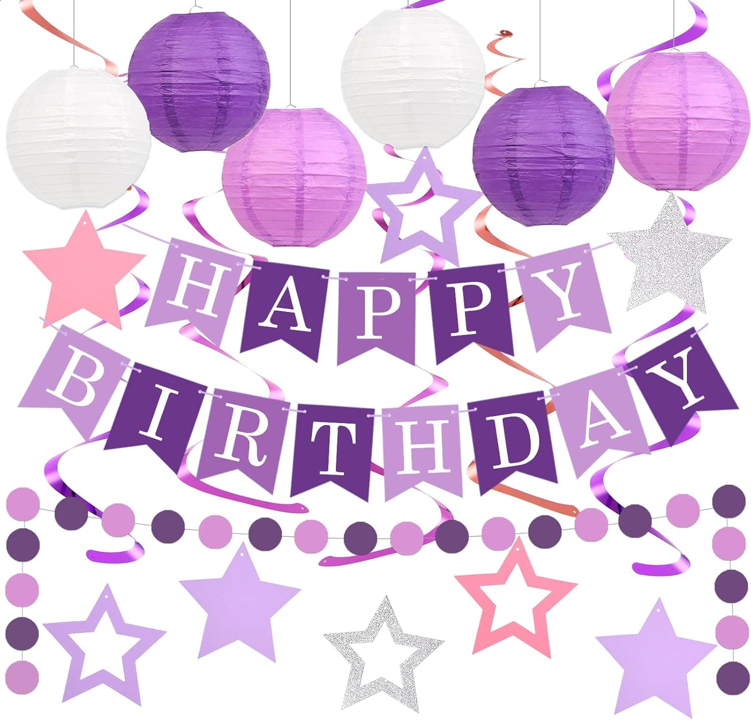 Happy Birthday Decorations, Purple Birthday Party Decorations Set with Happy Birthday Banner, Paper Lanterns, Star Swirl Hanging Decorations & Circle Dots Garland