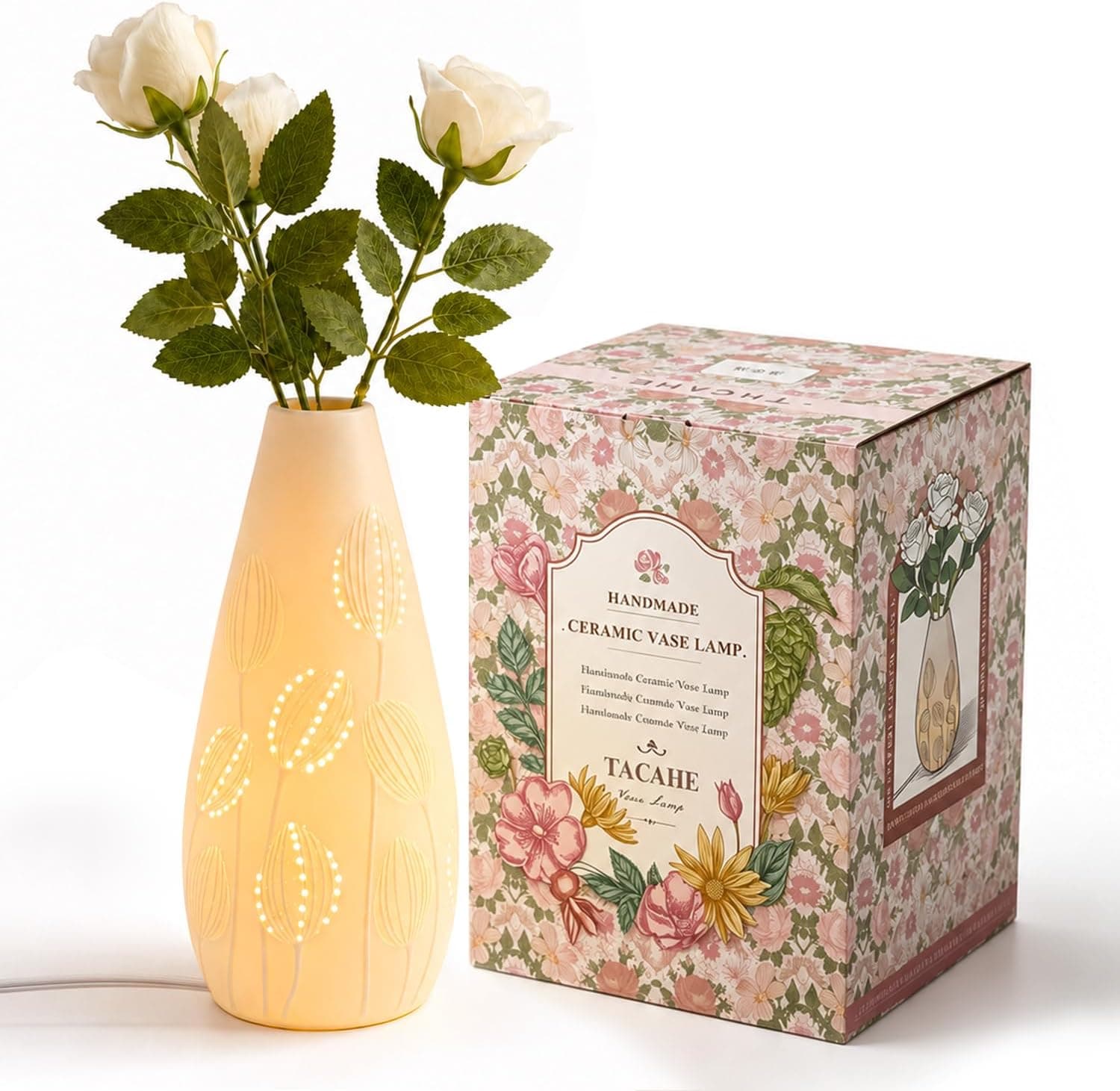 Ceramic Vase Table Lamp, 2700K Bulb & 3 Artificial Flowers Included, E12 Socket, Inline Switch, Handmade Openwork Craft, Ambient Light for Living Room Bedroom - Tulip 11" - image 1