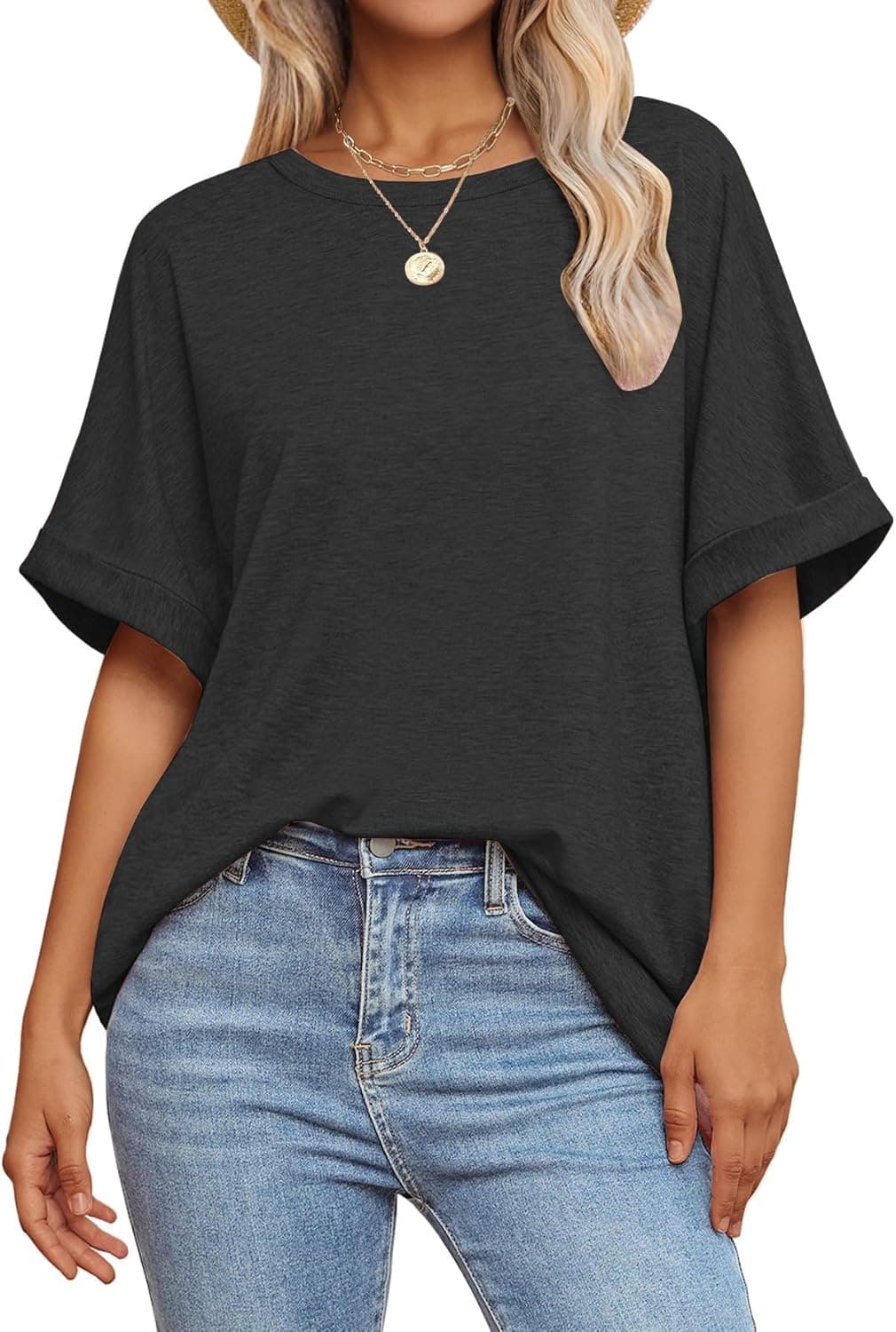 GKBK Women Oversized T Shirts Crew Neck Short Sleeve Tops Summer Dressy Casual Loose Fit Tee 2026 Trendy Fashion Clothes - image 1