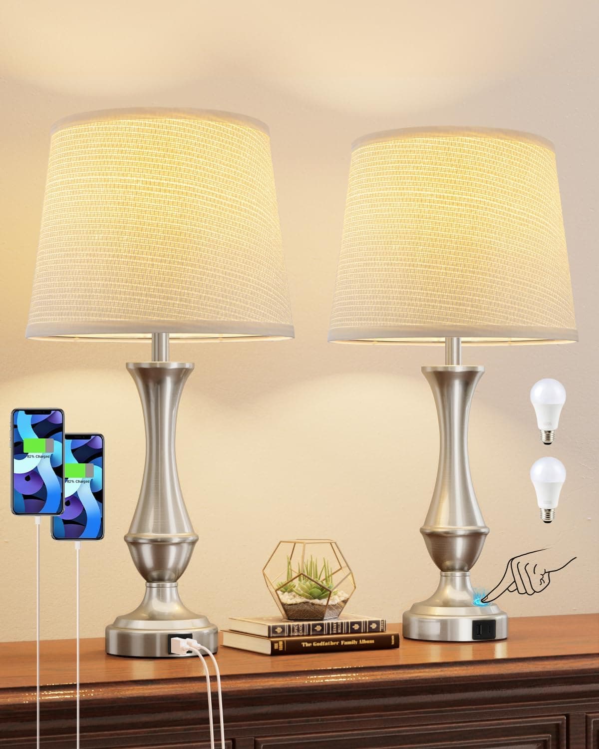 Seealle Upgraded Touch Lamps for Night Stands Set of 2 - Bedside Lamps with USB C+A, 3 Way Dimmable for Bedroom Living Room End Tables Office (Weaving White&Silver) - image 1