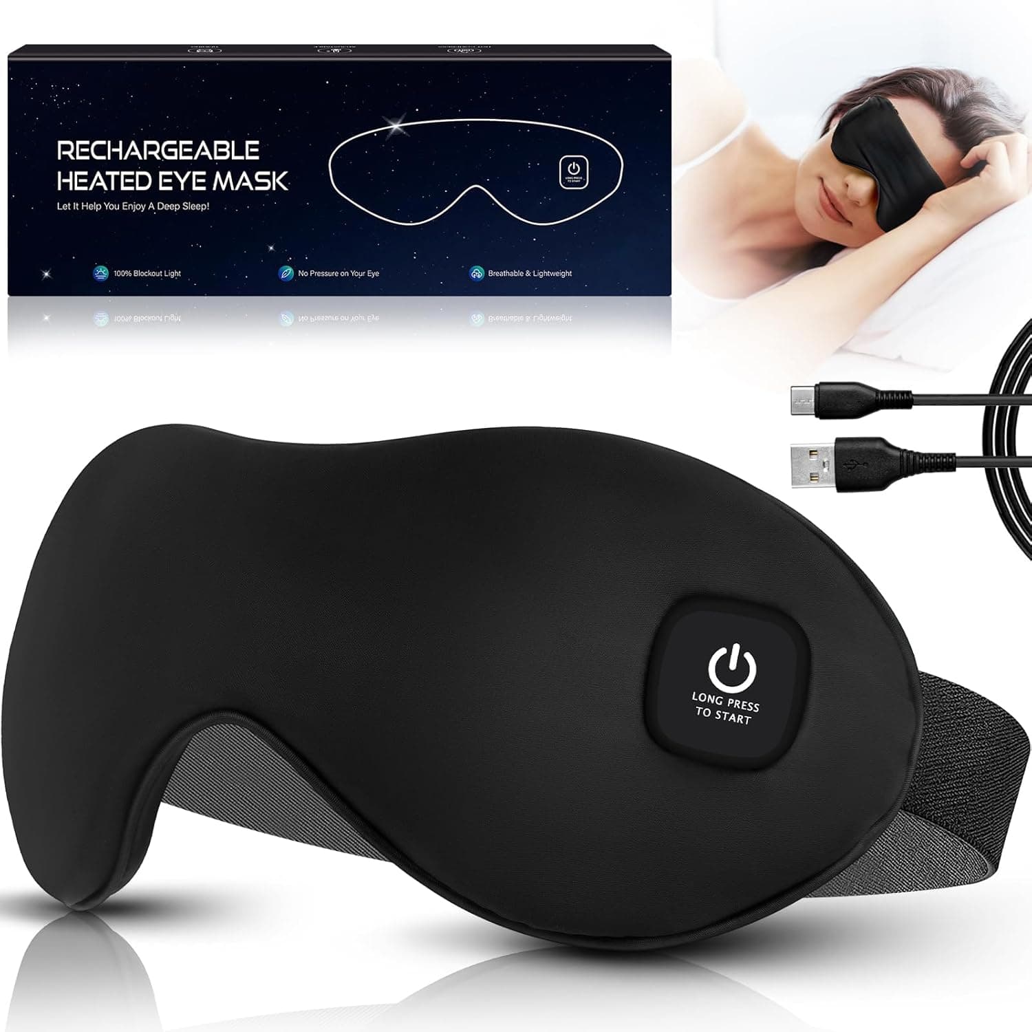 Heated Eye Mask, Mutilplx Cordless Heated Eye Masks for Dry Eyes, Washable Warm Eye Compress Eye Heating Pad for Eye Relief Stye Treatment Improved Sleep Travel (Black) - image 1