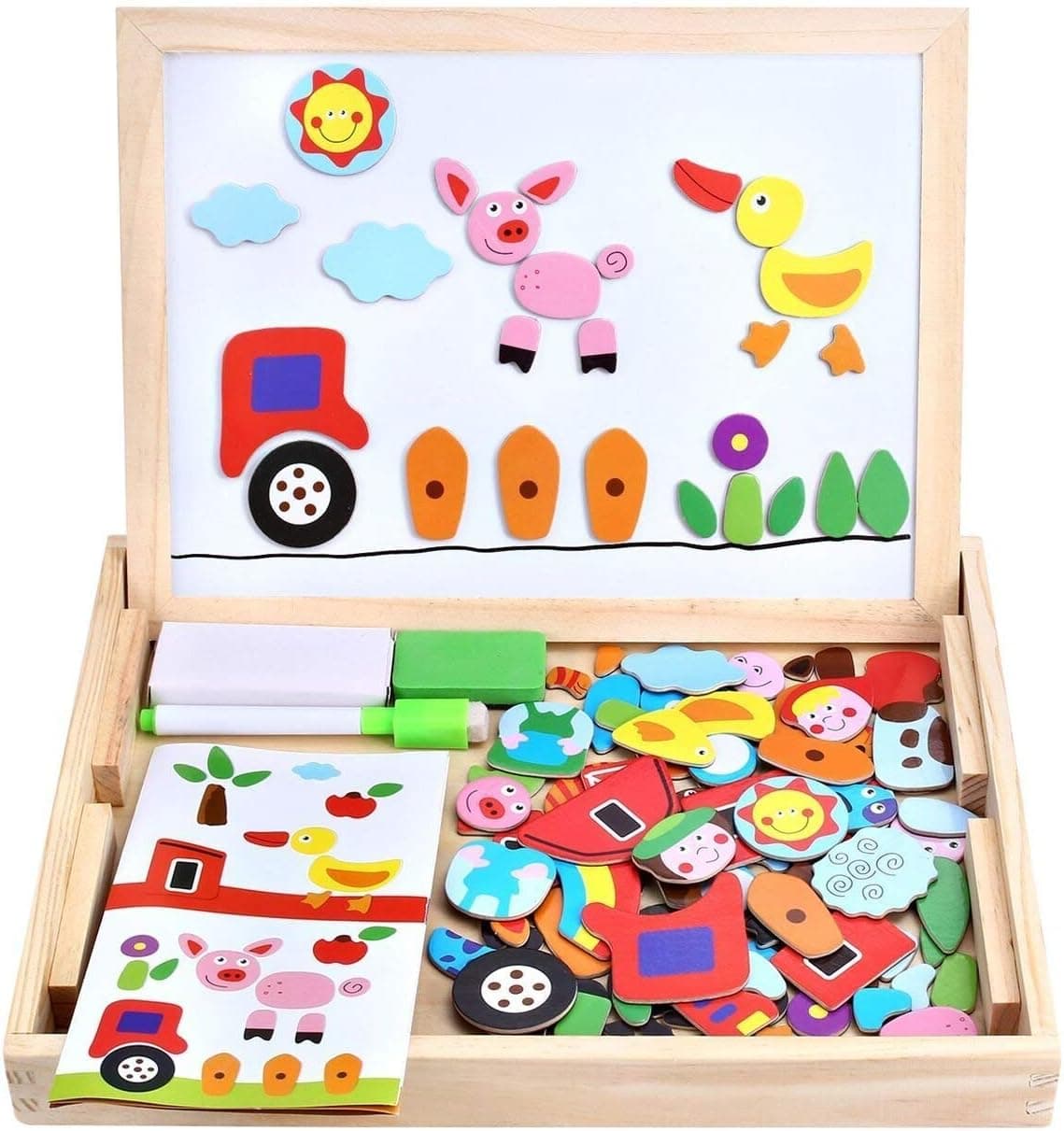 Wooden Toy Magnetic Board Puzzle Games , Double Side Jigsaw &Drawing Sketchpad Writing Dry Erase Board Chalkboard Educational Toys for Kids - image 1