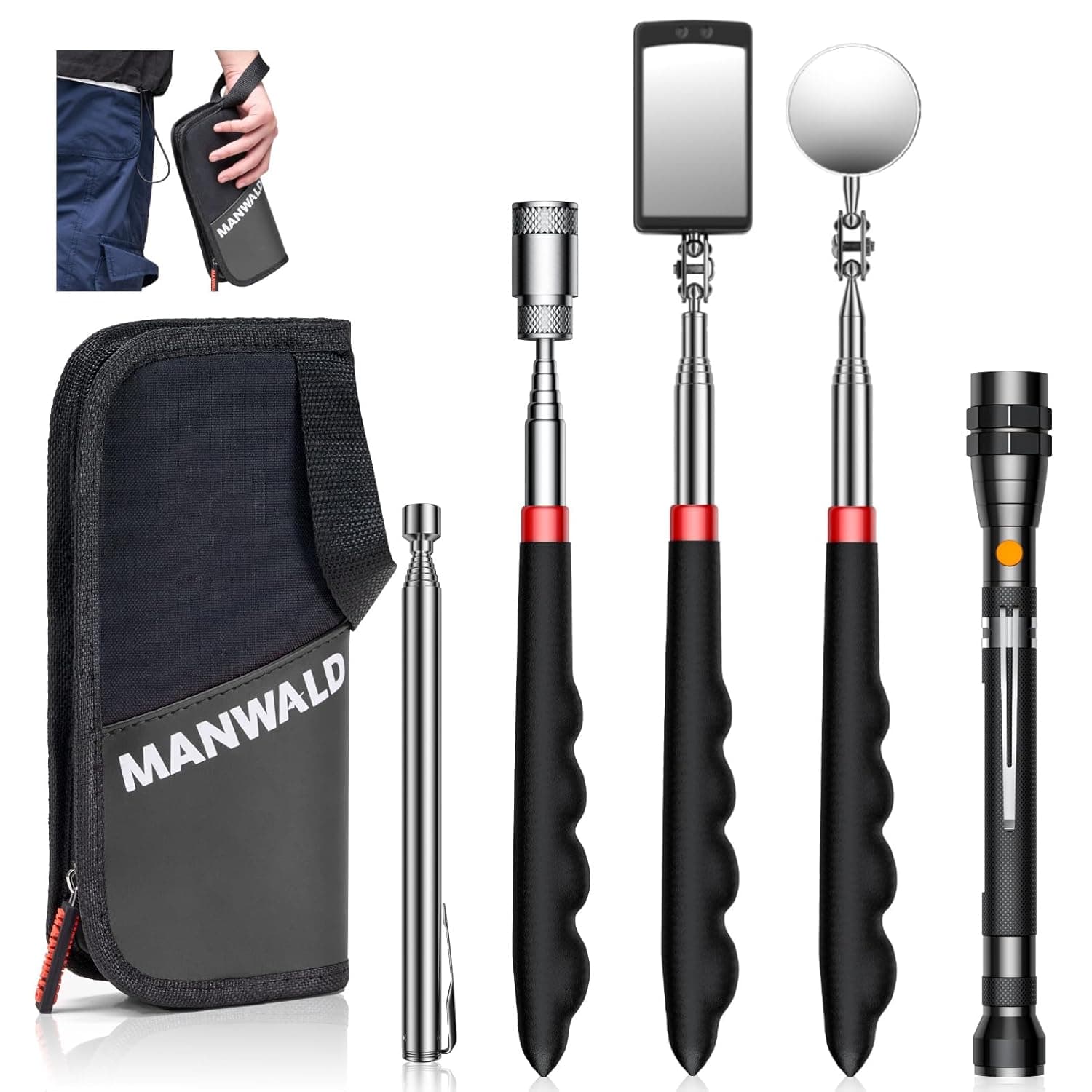 Telescoping Magnetic Pickup Tool Set with Portable Bag, Extendable Flashlight with 360° Inspection Mirror, Fathers Day Dad Gifts for Men, Birthday Gifts for Him Adults, Mechanics, Handymen, Grey