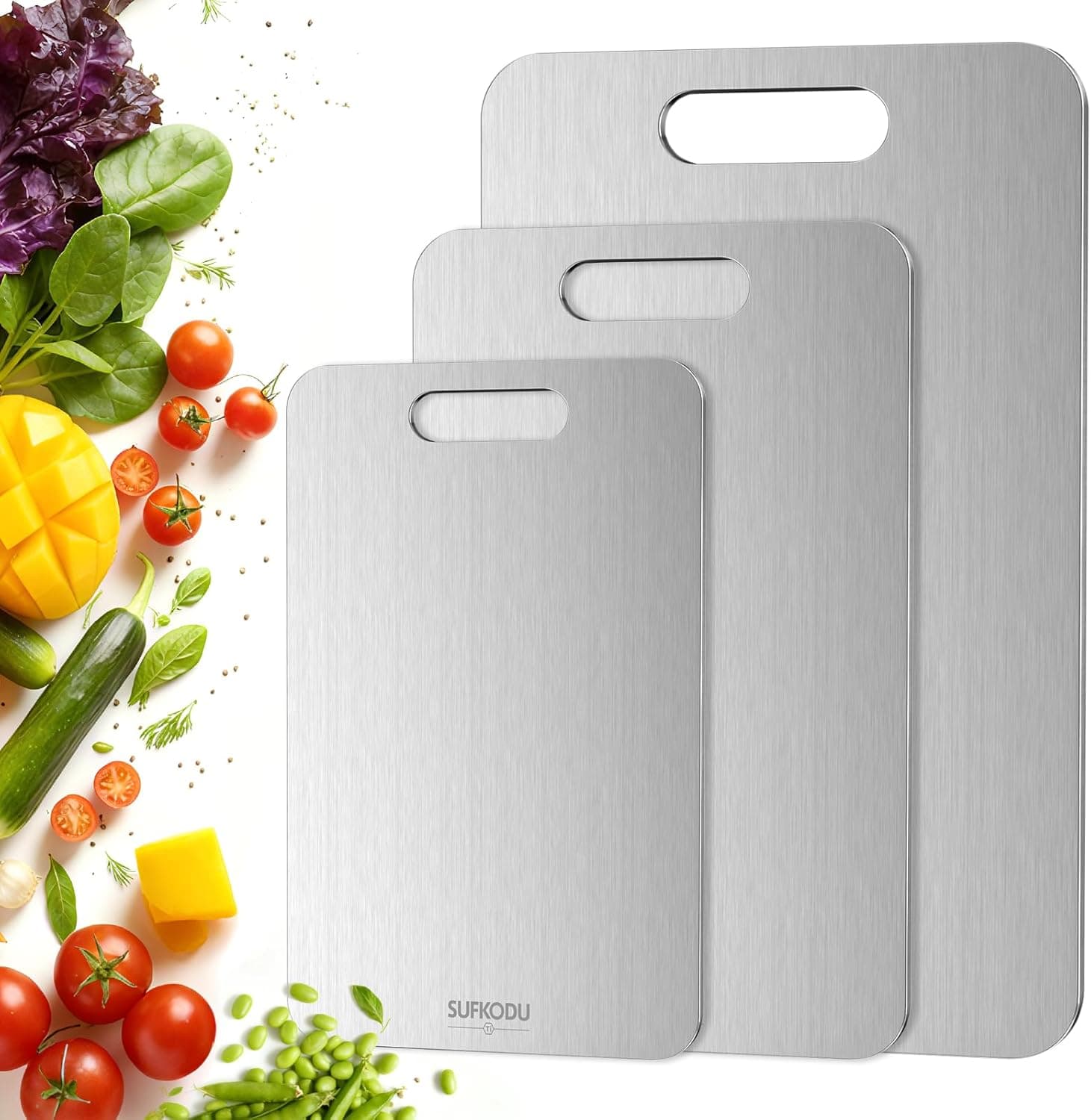 Titanium Cutting Board Set of 3, Titanium Cutting Boards for Kitchen, 100% Double-Sided Titanium Cutting Boards, Separate Raw and Cooked Food Areas, Non-Toxic, Dishwasher Safe (S+ M + L)