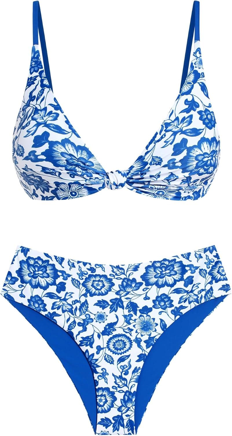 ZAFUL Bikini Set for Women V Neck Knot Front Push Up Bathing Suit High Cut Two Piece Swimsuit Brazilian Cheeky Swimwear