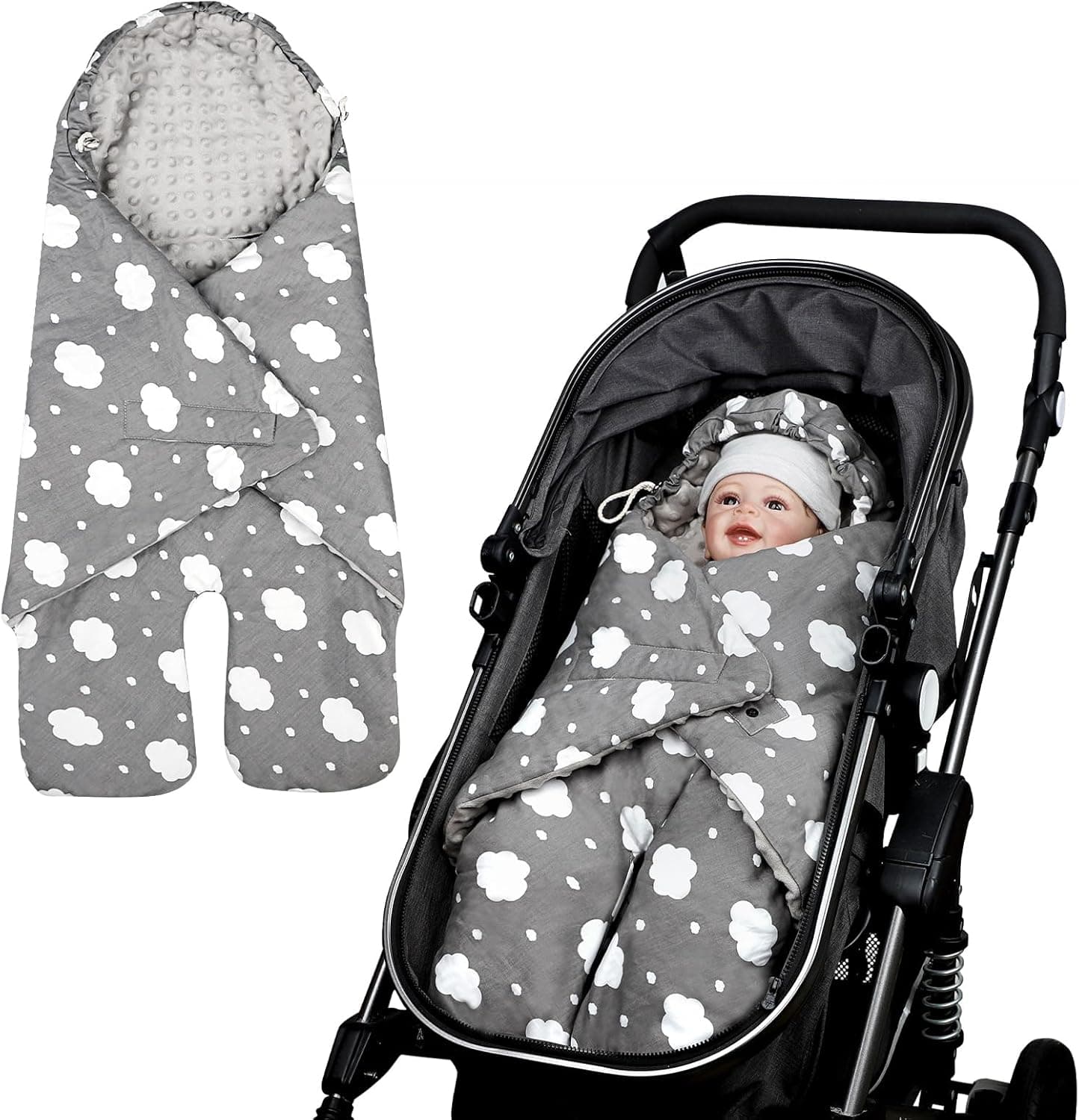 Baby Car Seat Blanket, Winter Car Seat Covers for Babies, Warm Carseat Swaddle Blankets, Thicken Stroller Sleeping Bunting Bag for Infants Boy & Girl, Grey Cloud