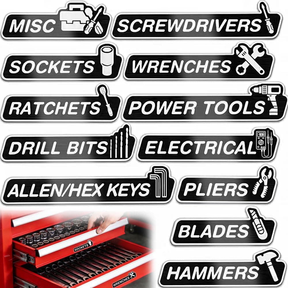 YIUS 12 Pack Aluminium Magnetic Tool Box Labels – Heavy‑Duty Reusable Metal Tags
