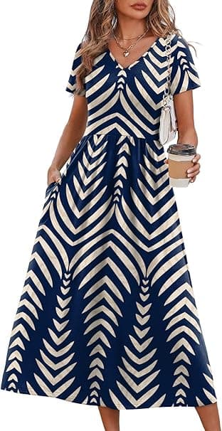 OFEEFAN Flowy Casual A-Line Midi Dress with Pockets
