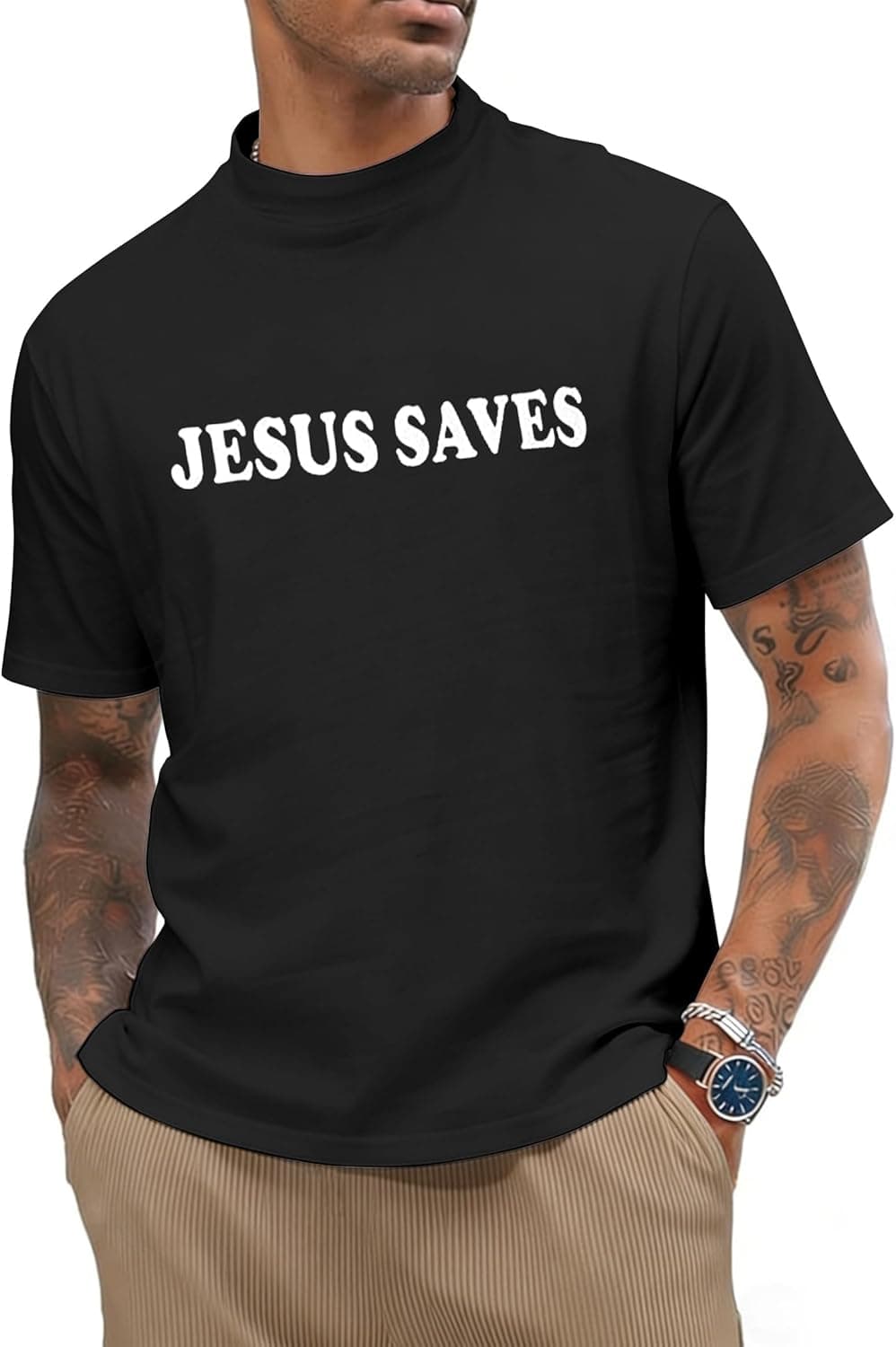Men Letter Graphic Mock Turtleneck Shirts, Casual Streewear Short Sleeve Oversized Shirt Basic Half Neck T-Shirts