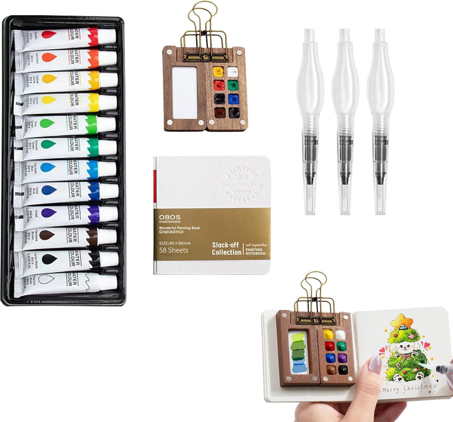12-Color Mini Watercolor Travel Set with Wooden Sketchbook Kit - Portable Watercolor Painting Set Including Water Brush Pen, Sketch Pad & Copper Clip for Artists, Students & Painters