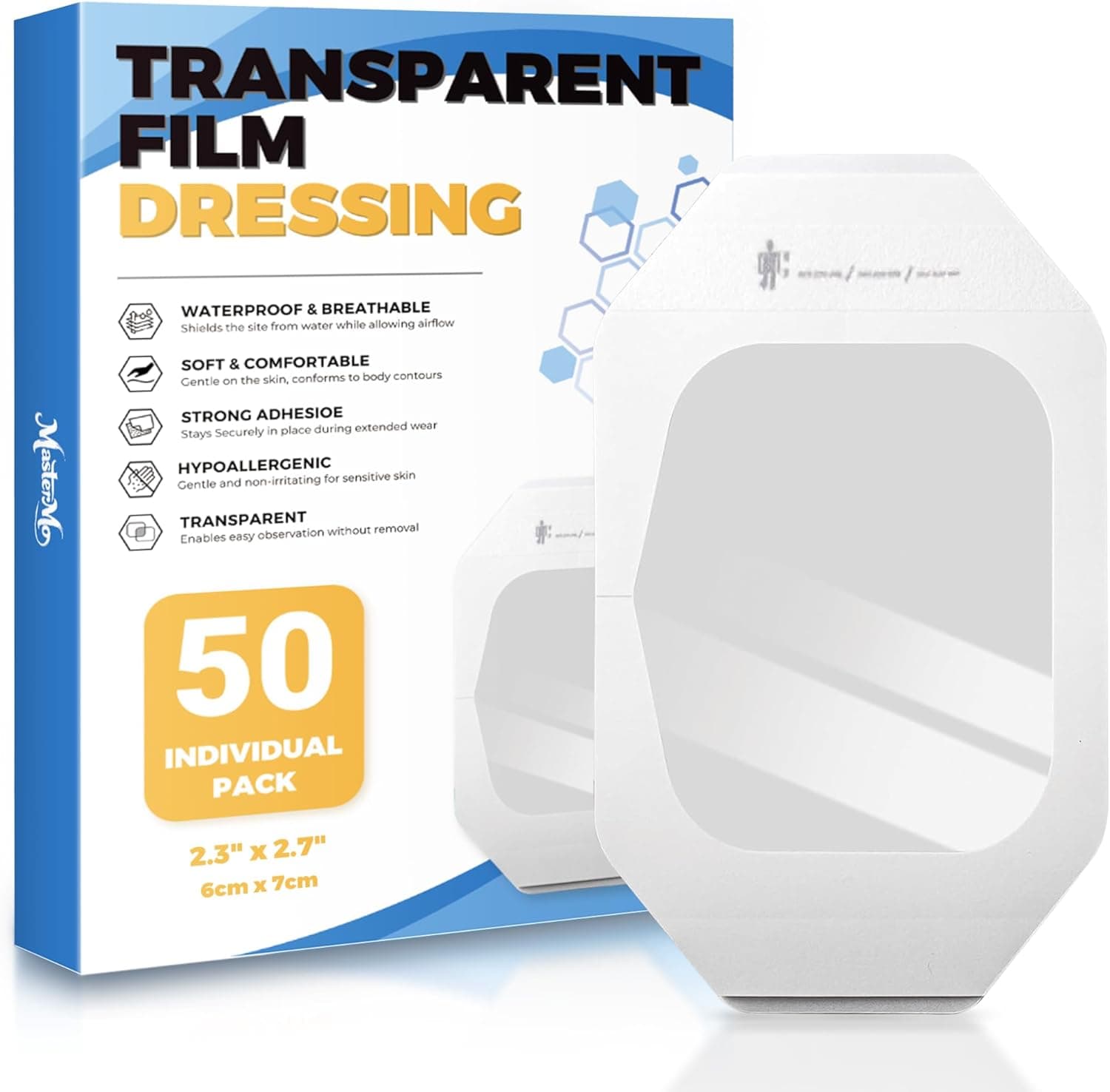 MasterMo Transparent Film Dressing 50 Packs, Waterproof Adhesive Clear Bandages 2.3 in x 2.7 in, Wound Cover for IV Shield, Tattoo Aftercare Bandage,Clear Bandage Tape for Wound Care