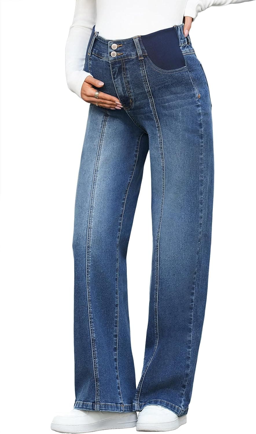BLENCOT Women's Maternity Jeans High Waist Side Panel Wide Leg Denim Pants