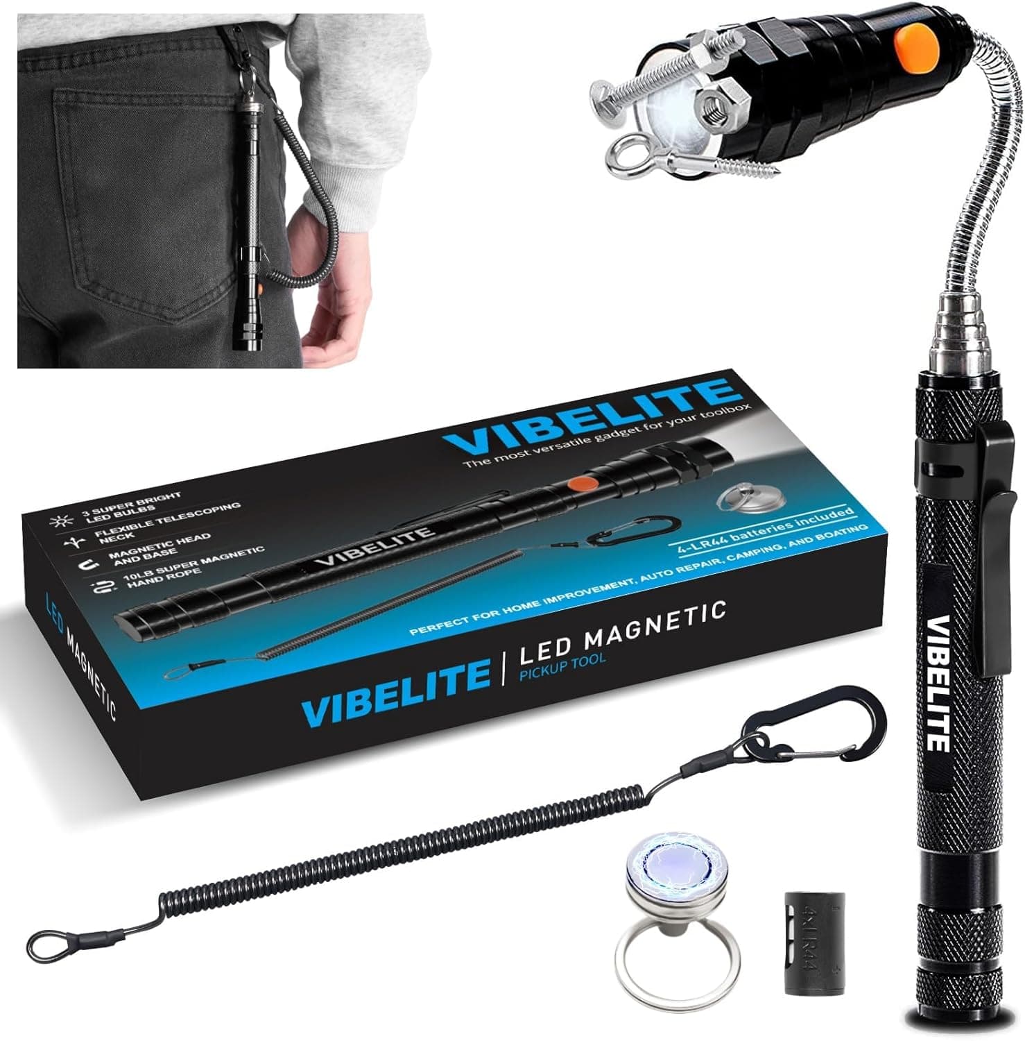 VIBELITE Gifts for Men, Magnetic Flashlight with Tool Magnetic Lanyard, Telescoping Magnet Pickup Tool, Cool Gadgets Valentines Day Gifts for Him, Men, Teen Boys, Husband, Boyfriend