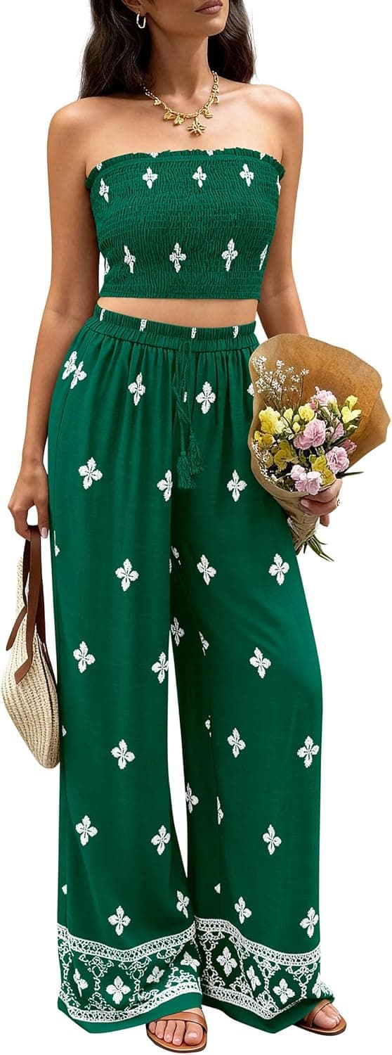 PRETTYGARDEN 2 Piece Sets for Women Summer 2026 Fashion Clothing Boho Tube Tops Wide Leg Pants Cruise Beach Vacation Outfits - image 1
