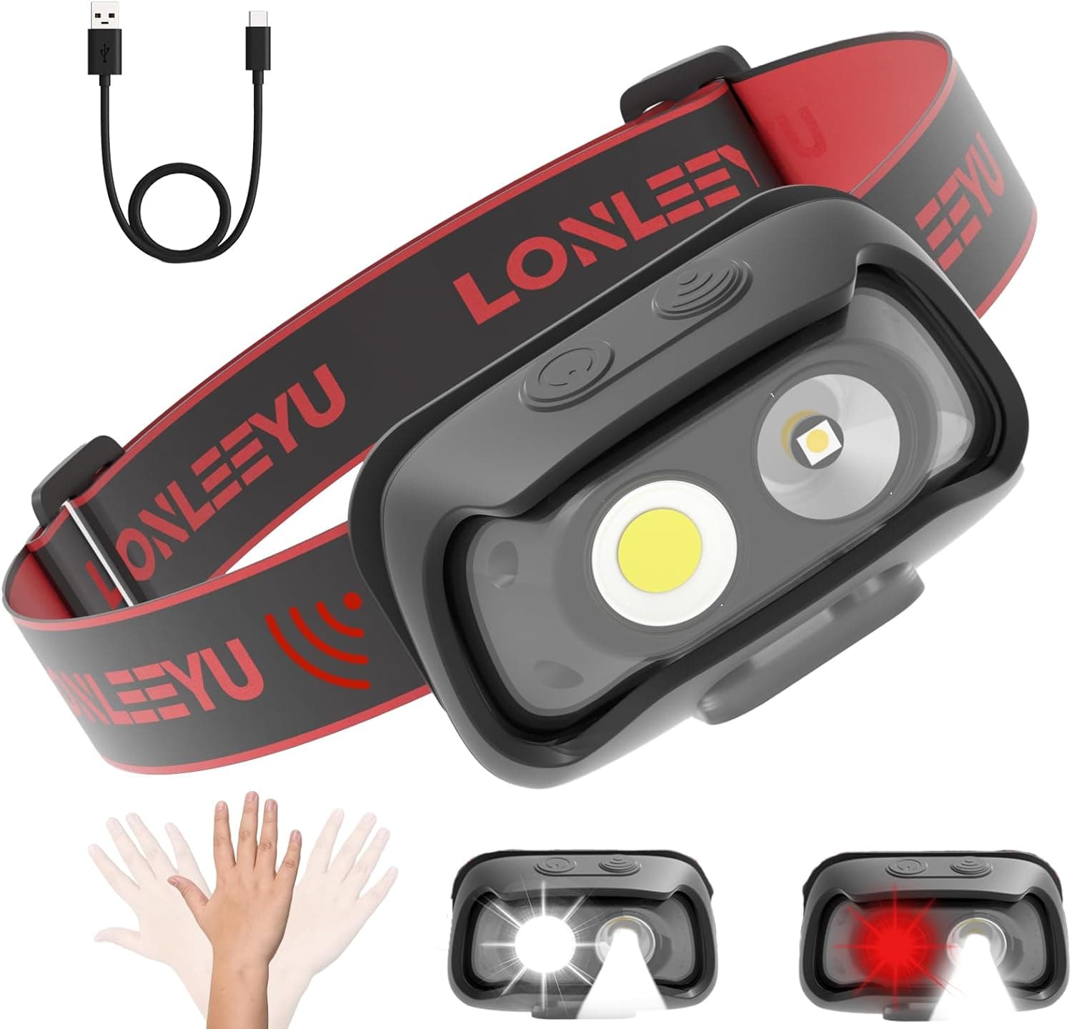LED Headlamp Rechargeable, 5 Models Head Lamp Flashlight with Motion Sensor for Adults - Camping Accessories Gear, Waterproof Head Light Flashlight for Hiking, Repairing, Fishing, Cycling - image 1