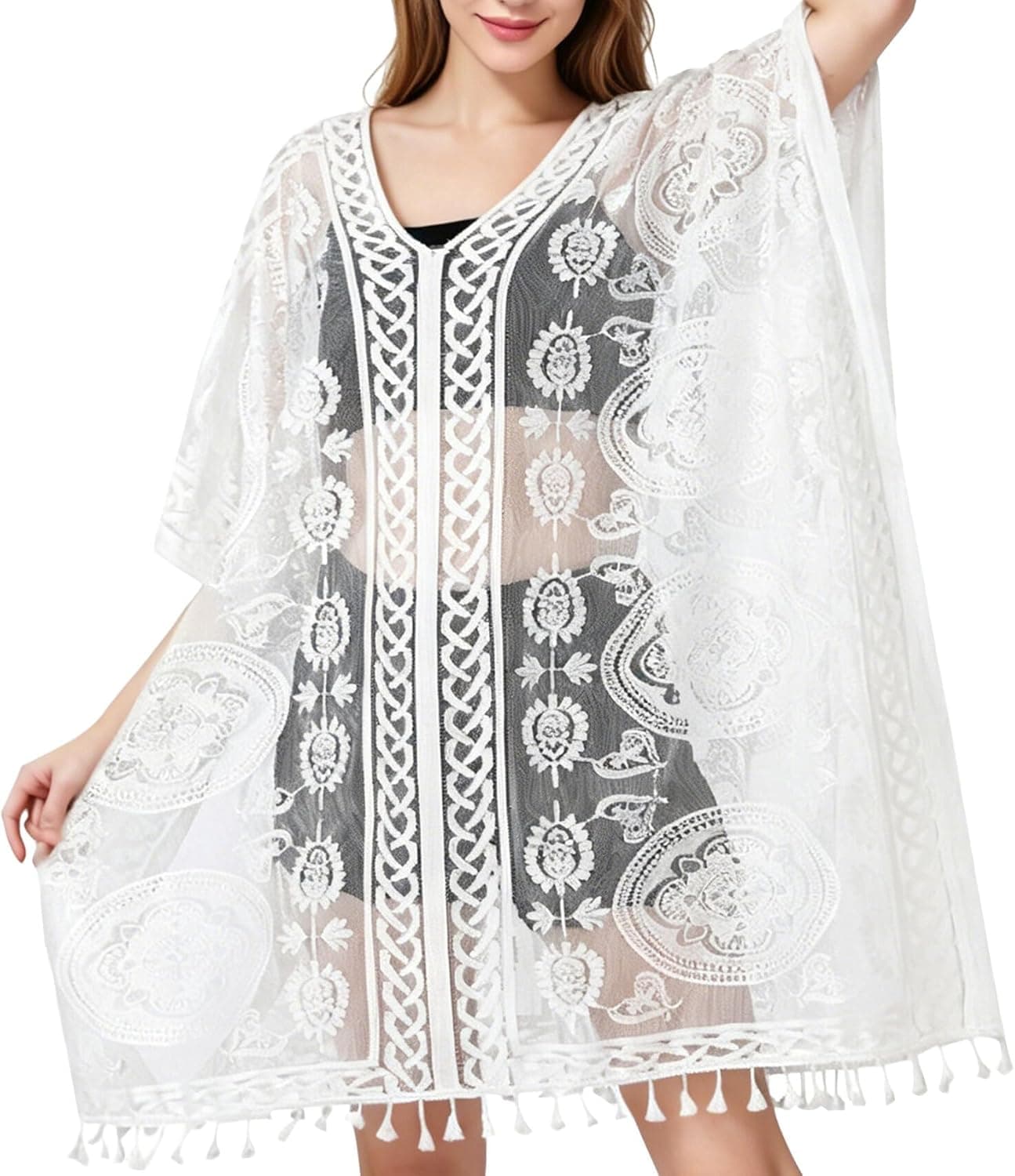 Swimsuit Cover Up for Women Lace Kaftan Beach Dress with Tassel Hem Loose Fit Summer Beachwear, One Size - image 1