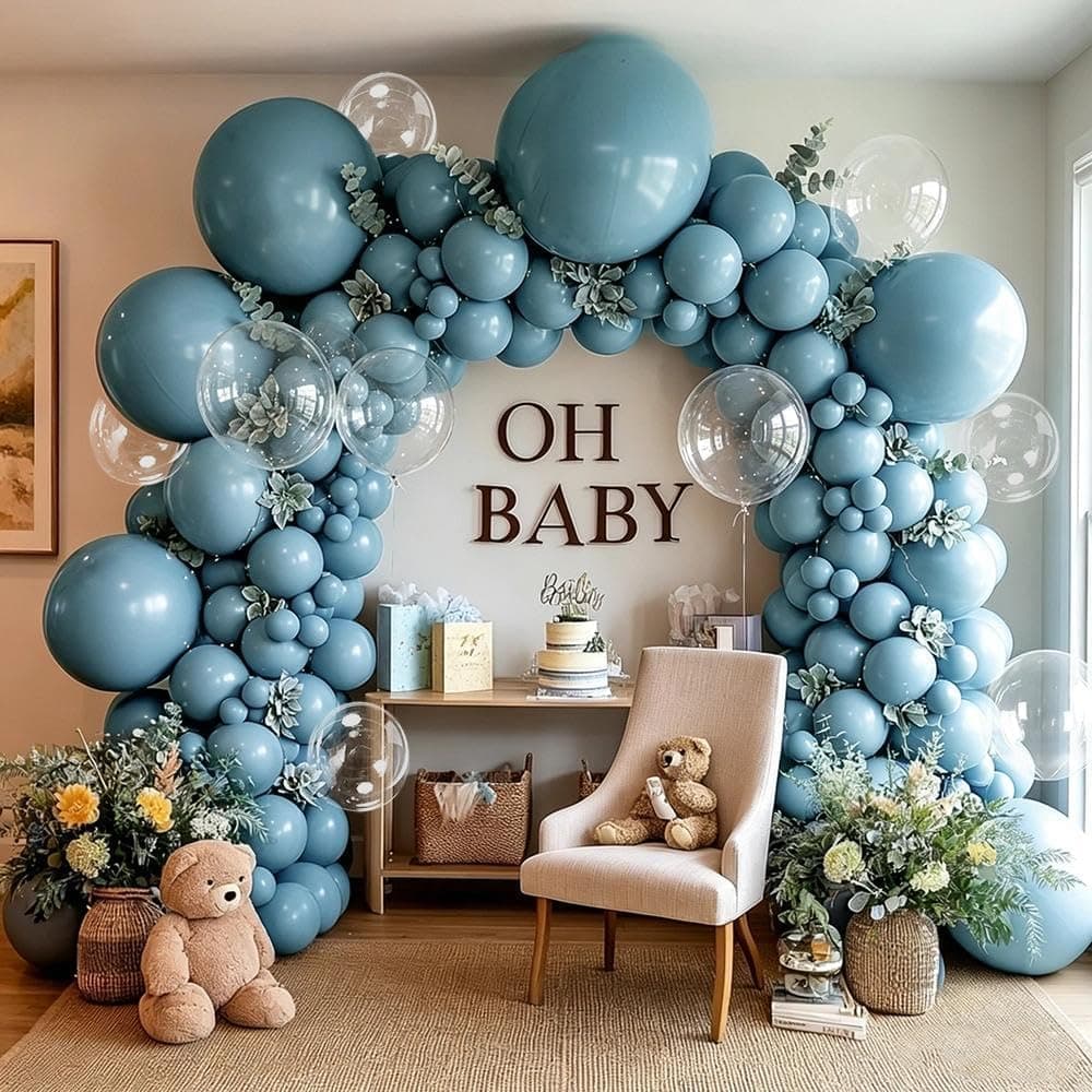Dusty Blue Balloon Arch, Double Stuffed Pastel Light Blue Balloon 5/12/18 Inch Latex Balloons with Clear Balloons for Birthday Baby Shower Gender Reveal Wedding Graduation Party Decorations - image 1