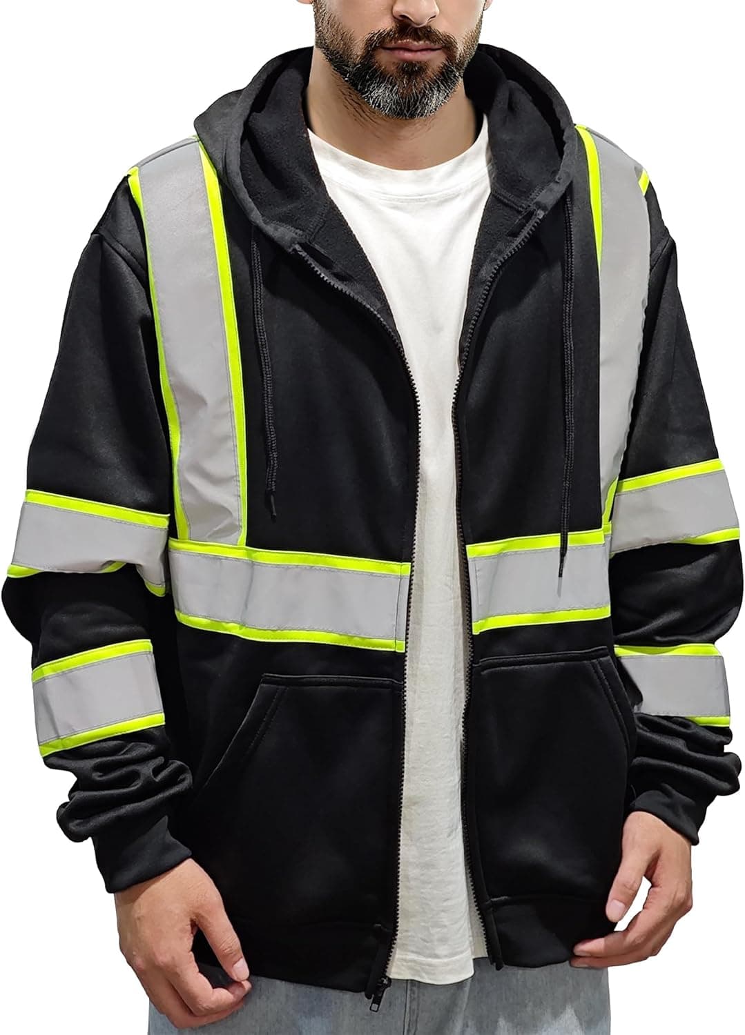 Hi Vis Safety Hoodie Class 3 High Visibility Sweatshirt Zip Up Reflective Sweater for Construction, Black, S - image 1