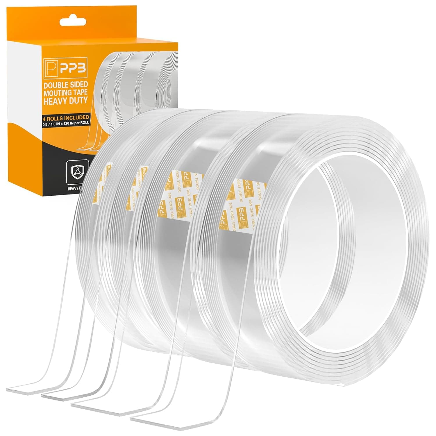 PPB 4 Rolls Double Sided Tape Heavy Duty - Removable Mounting Tape for Poster Picture Hanging Carpet Strip Rug Wall Outdoor - Clear & Strong Nano Tape Adhesive Multipurpose - 1.0" & 0.5", 40 Feet