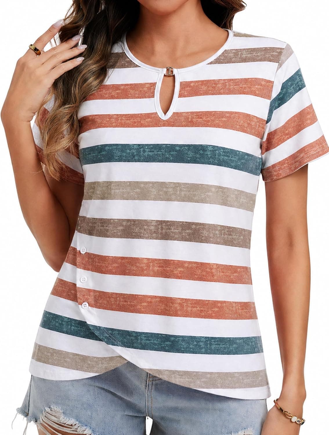 Womens Short Sleeve 2026 T-Shirts Crew Neck Summer Tops Casual Basic Trendy Cutout Tee Button Asymmetric Hem - image 1
