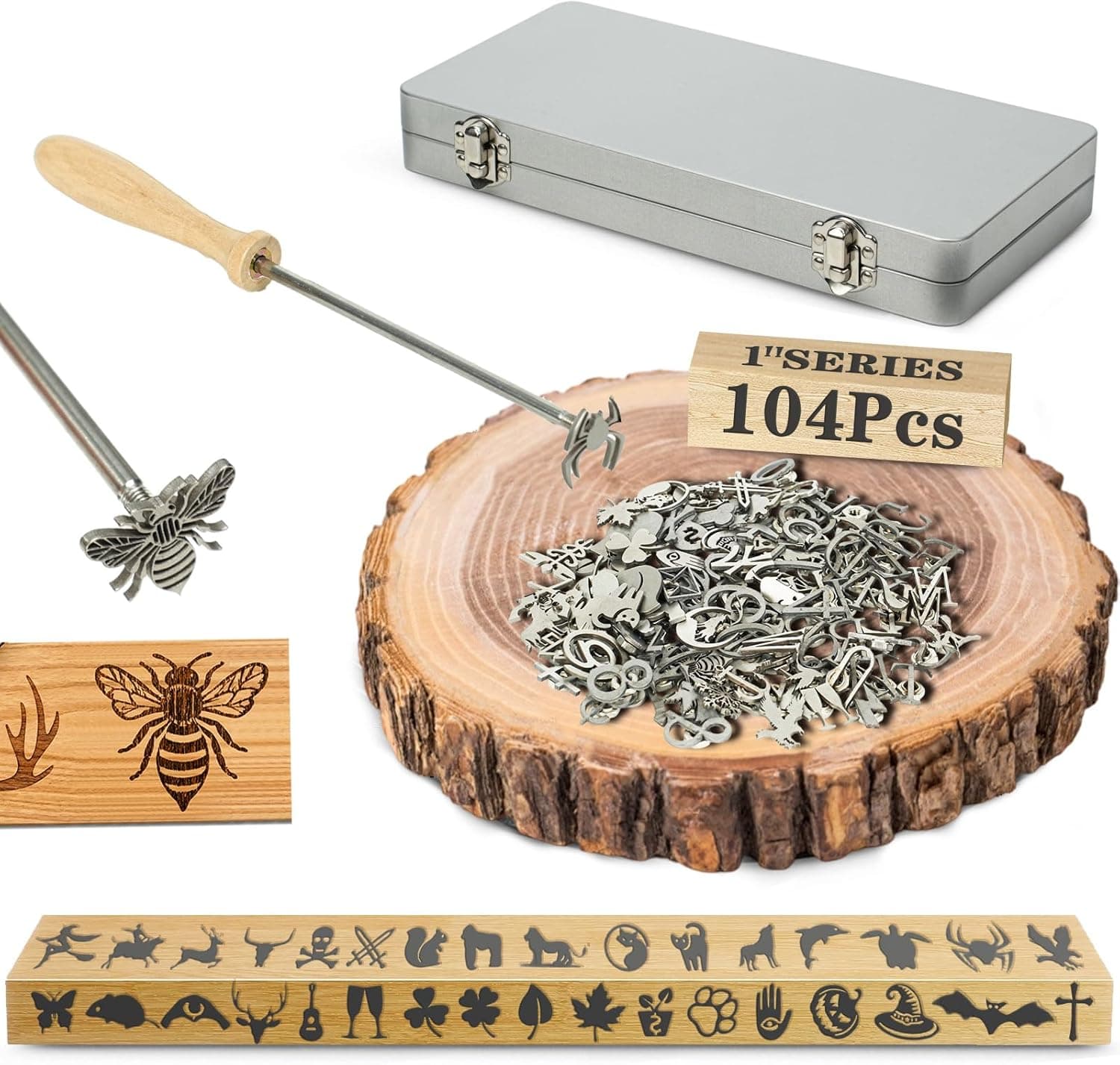 AKLOZYX 1 Inch 104 Pcs Branding Iron Set for Wood and Leather,Black and Silver, Metal Letters and Designs, Heads with 10 Inch Handle (104PCS 1" Assorted Characters Set)