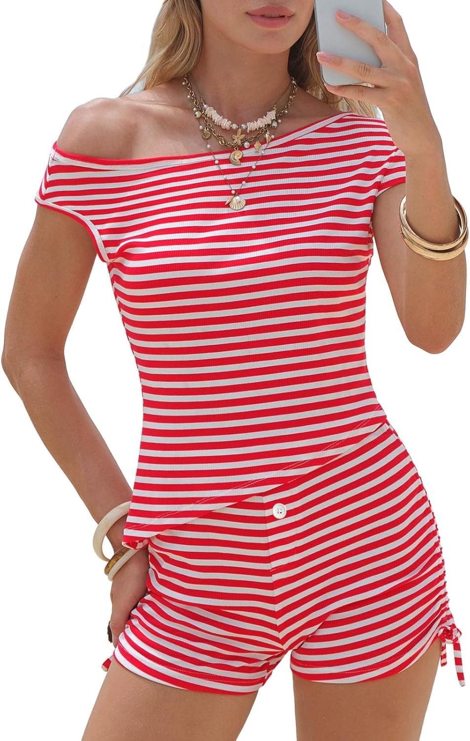 EXLURA Women 2 Piece Summer Outfits Casual Striped Lounge Set Ribbed Knit Off Shoulder Short Sleeve Top and Drawstring Shorts